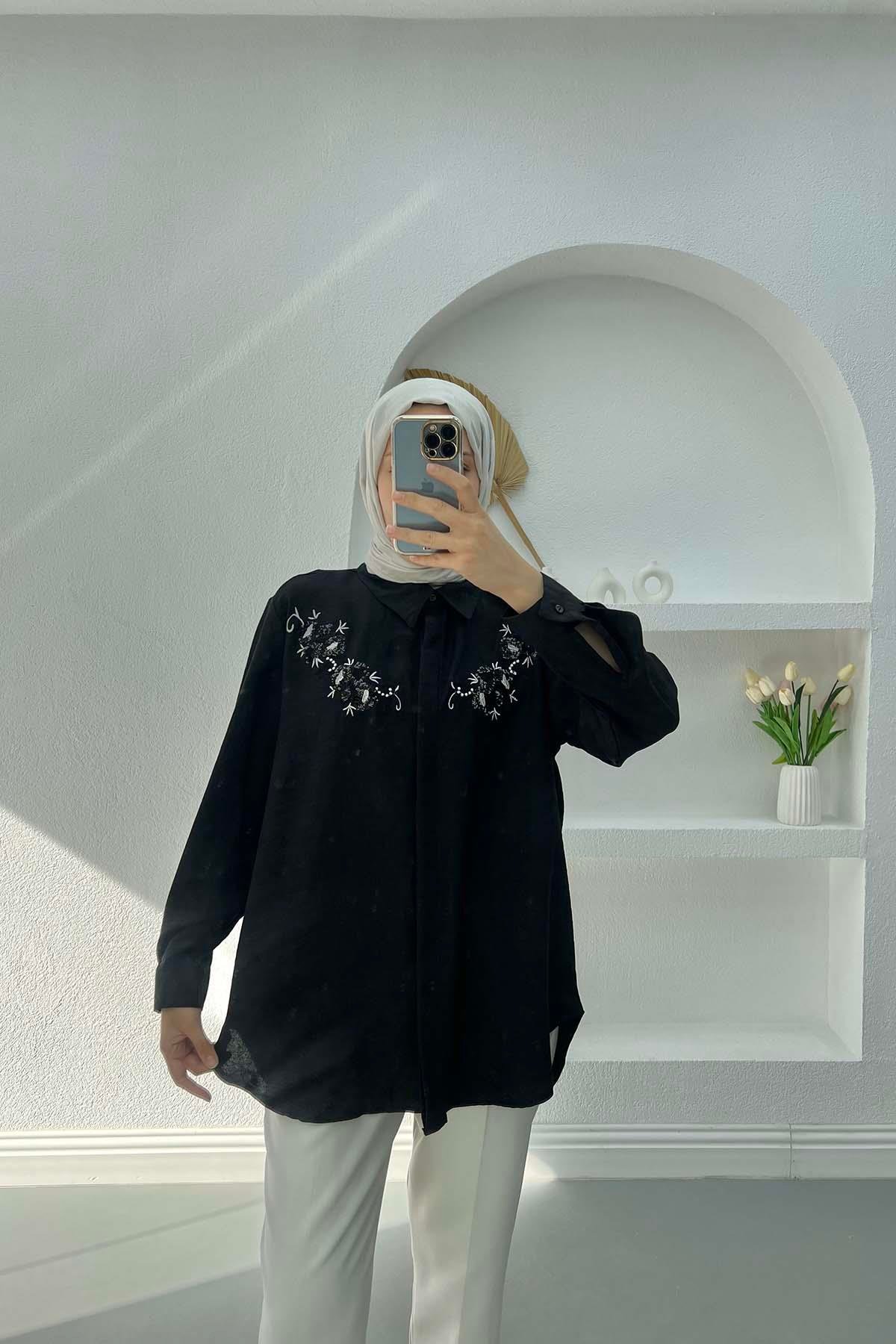 Pul Nakışlı Gömlek Siyah