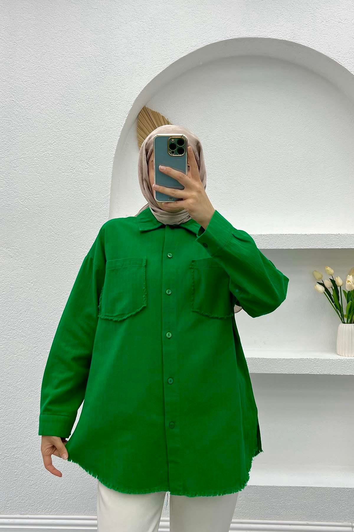 Püsküllü Keten Gömlek Benetton Yeşil