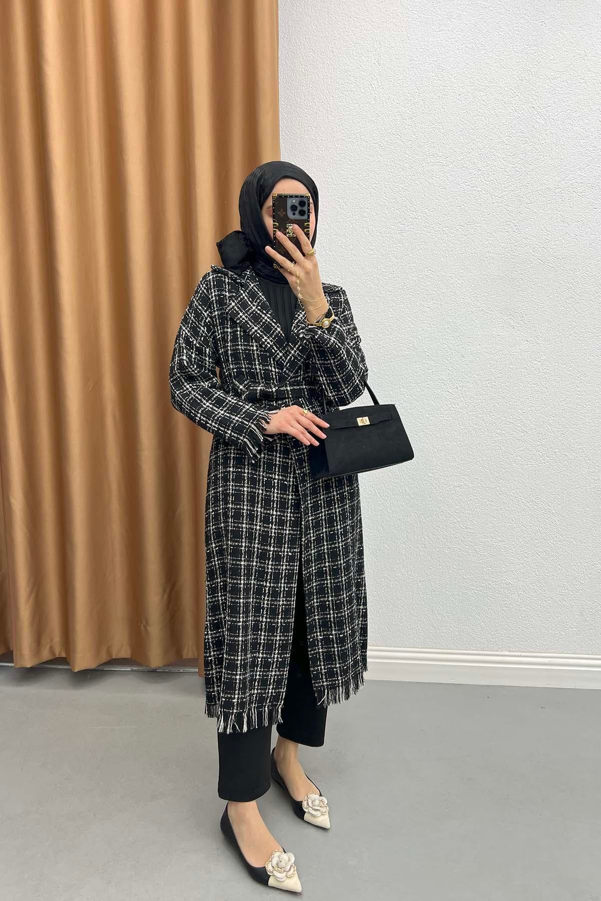 Püsküllü Tüvit Kimono Siyah