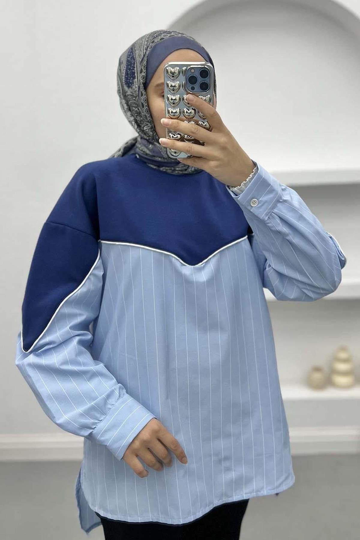 Renk Bloklu Çizgili Sweatshirt Lacivert