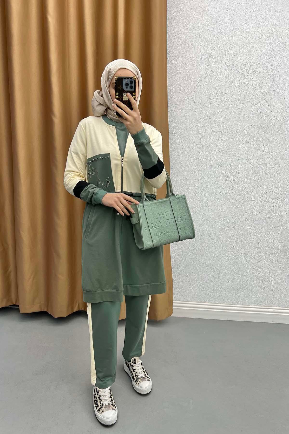 Renk Bloklu Üçlü Takım Mint Yeşili