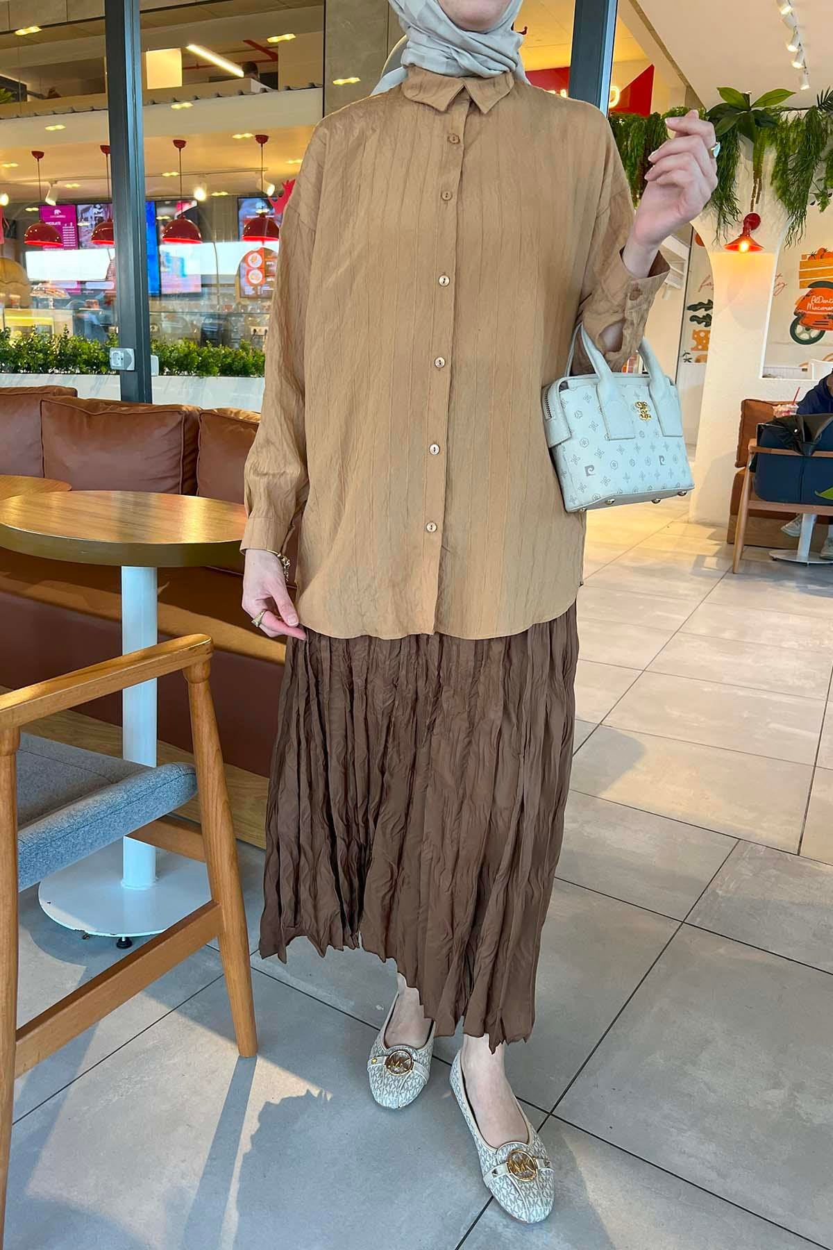 Robalı Çizgili Viskon Gömlek Camel