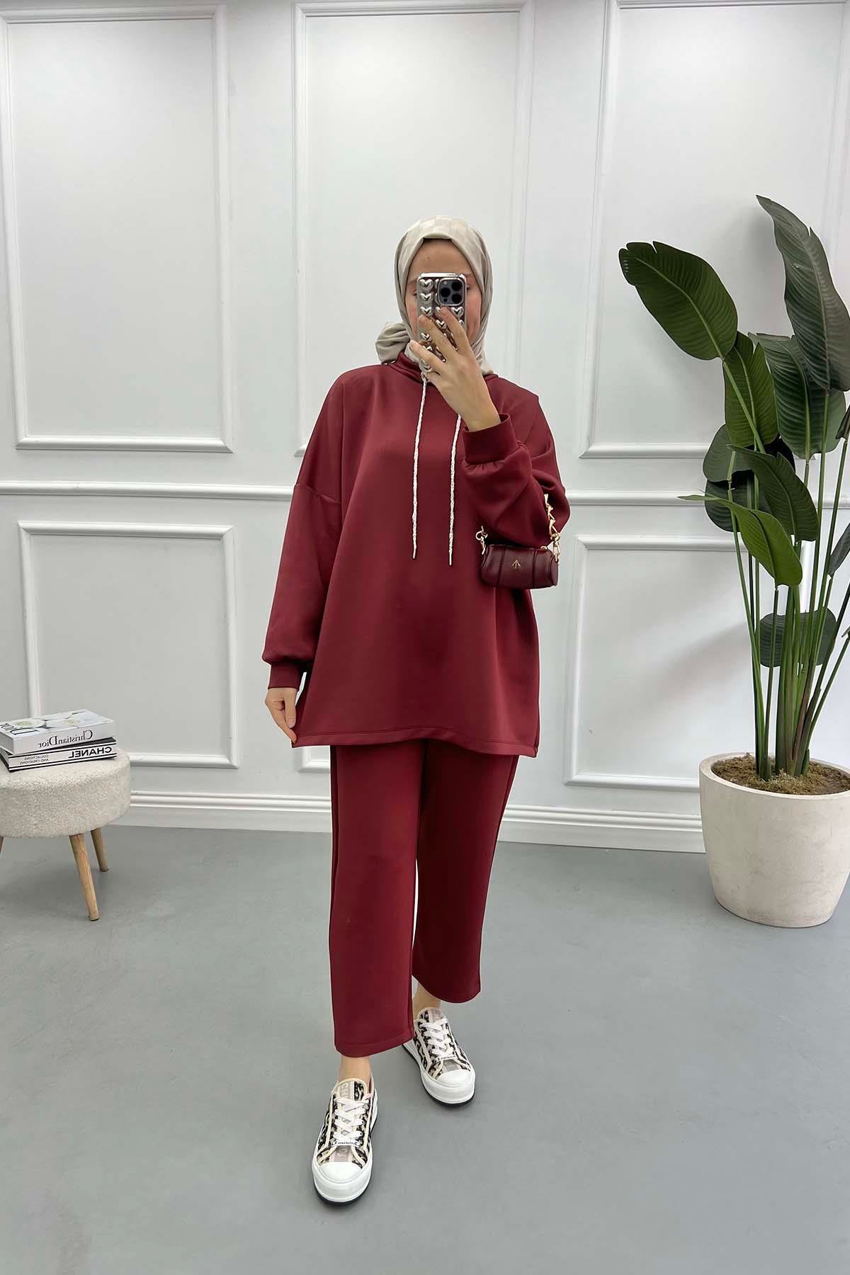 Simli İp Detaylı Pantalonlu Scuba Takım Bordo