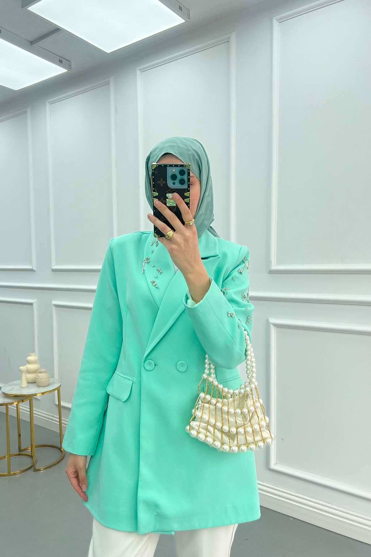 Taşlı Blazer Ceket Su Yeşili