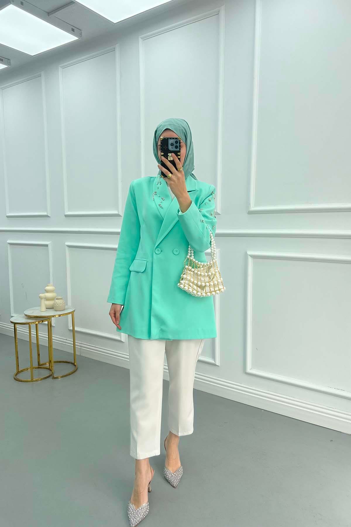 Taşlı Blazer Ceket Su Yeşili
