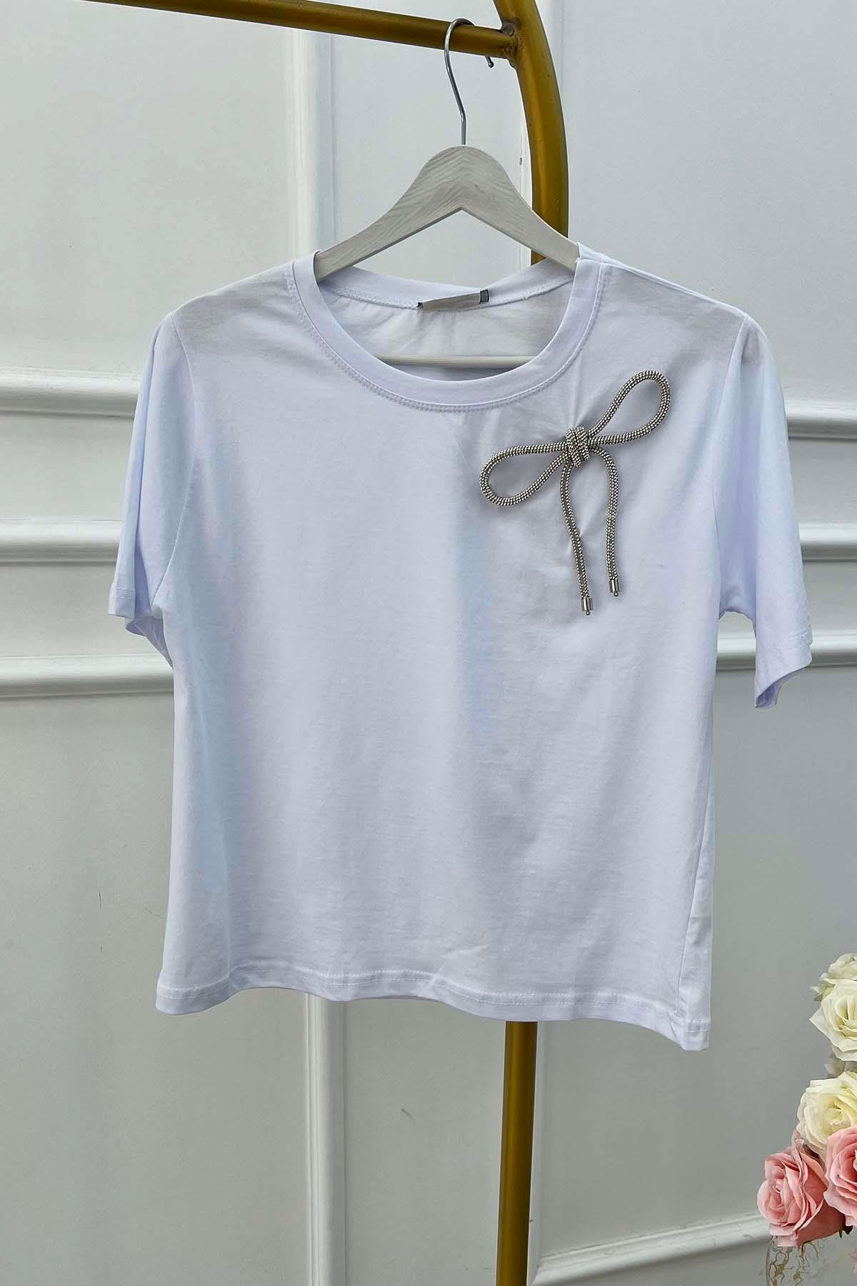 Taşlı Fiyonk Detaylı Tshirt Beyaz