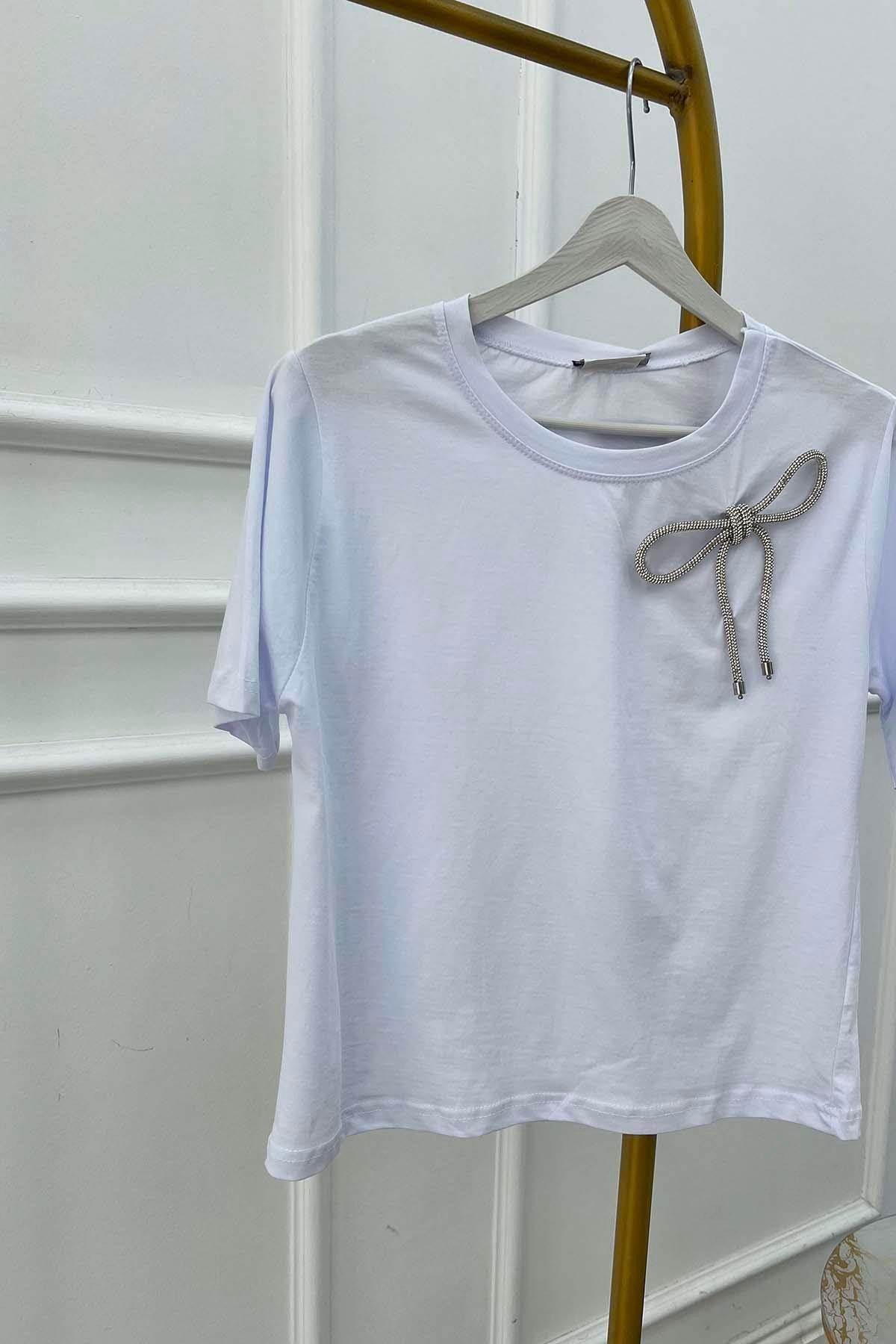 Taşlı Fiyonk Detaylı Tshirt Beyaz