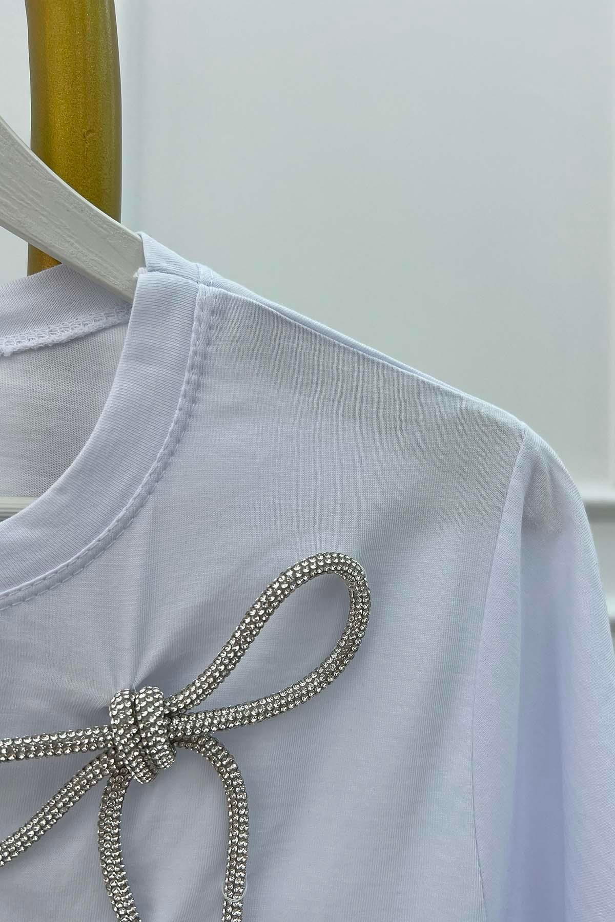 Taşlı Fiyonk Detaylı Tshirt Beyaz
