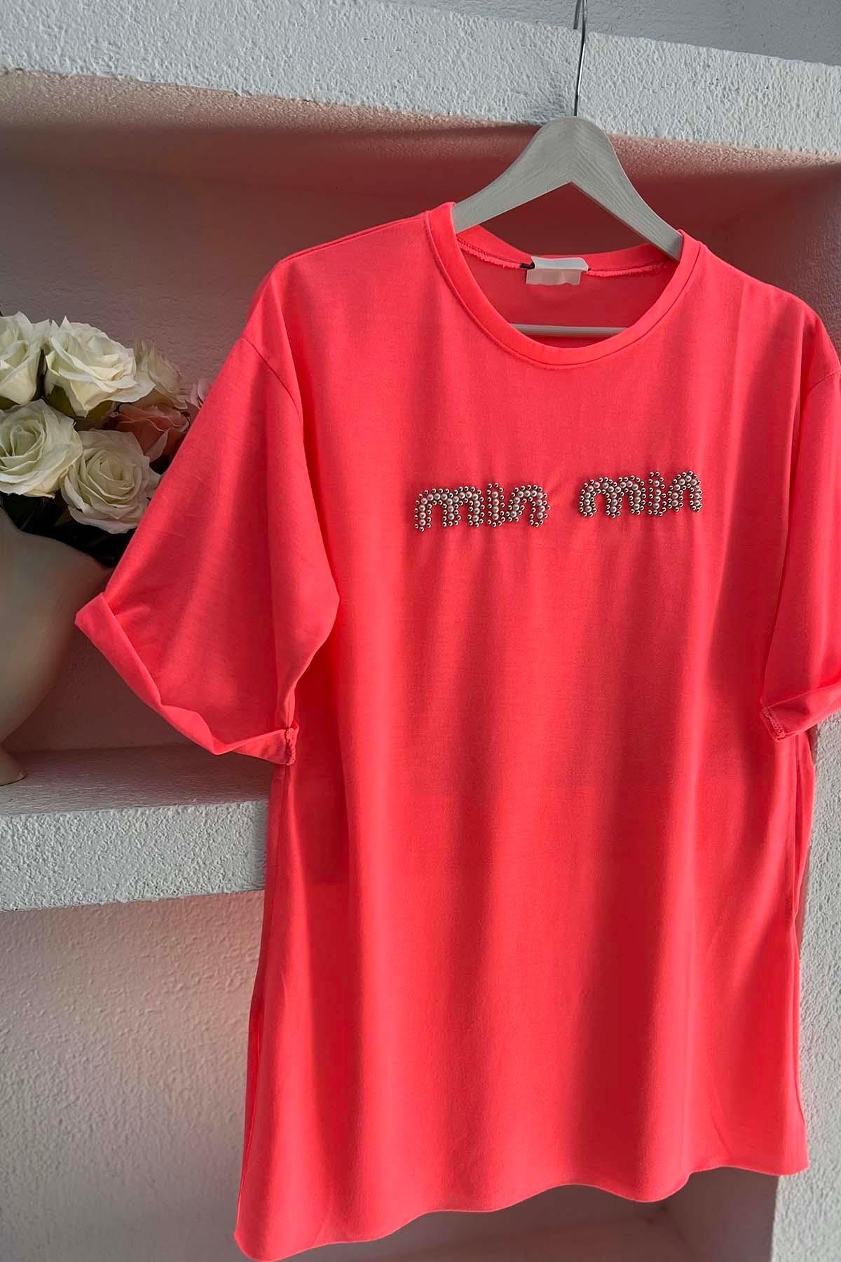Taşlı Mın Tshirt Fuşya