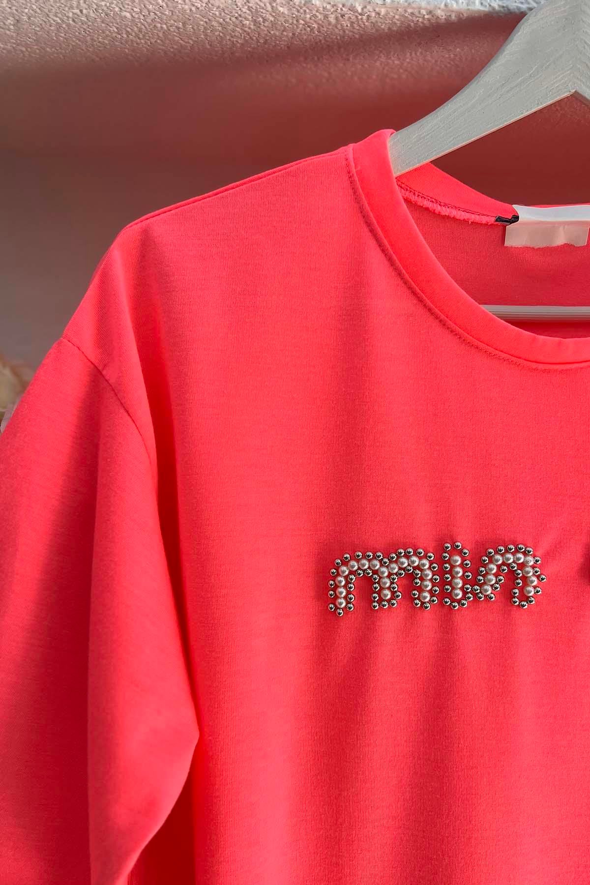 Taşlı Mın Tshirt Fuşya