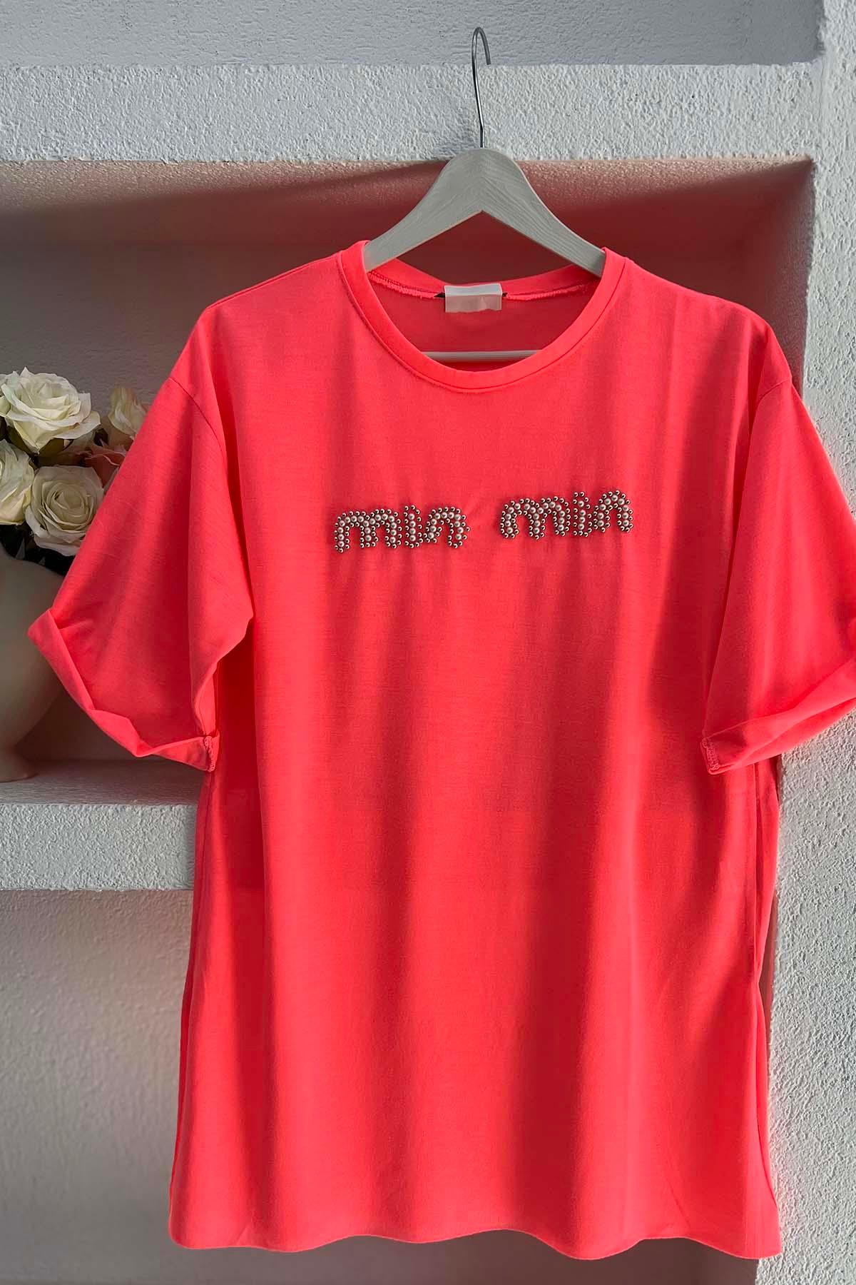 Taşlı Mın Tshirt Fuşya