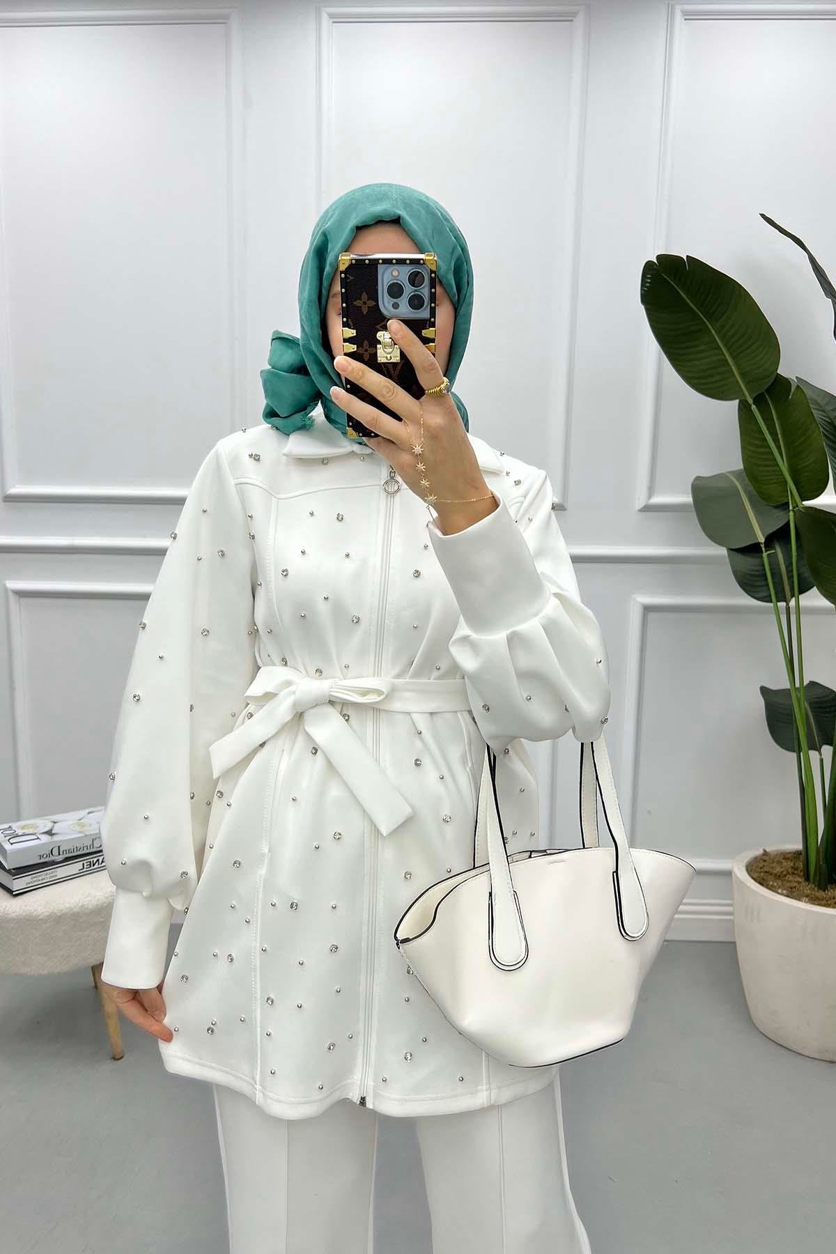 Taşlı Scuba Tunik Beyaz