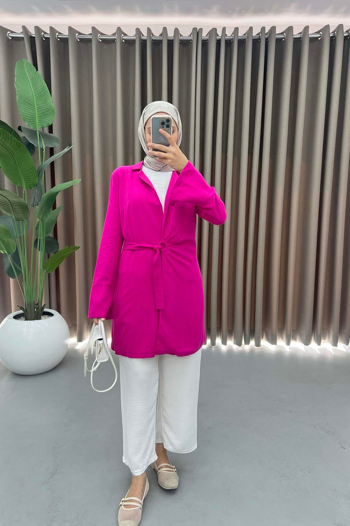 Toka Detaylı Keten Kimono Fuşya