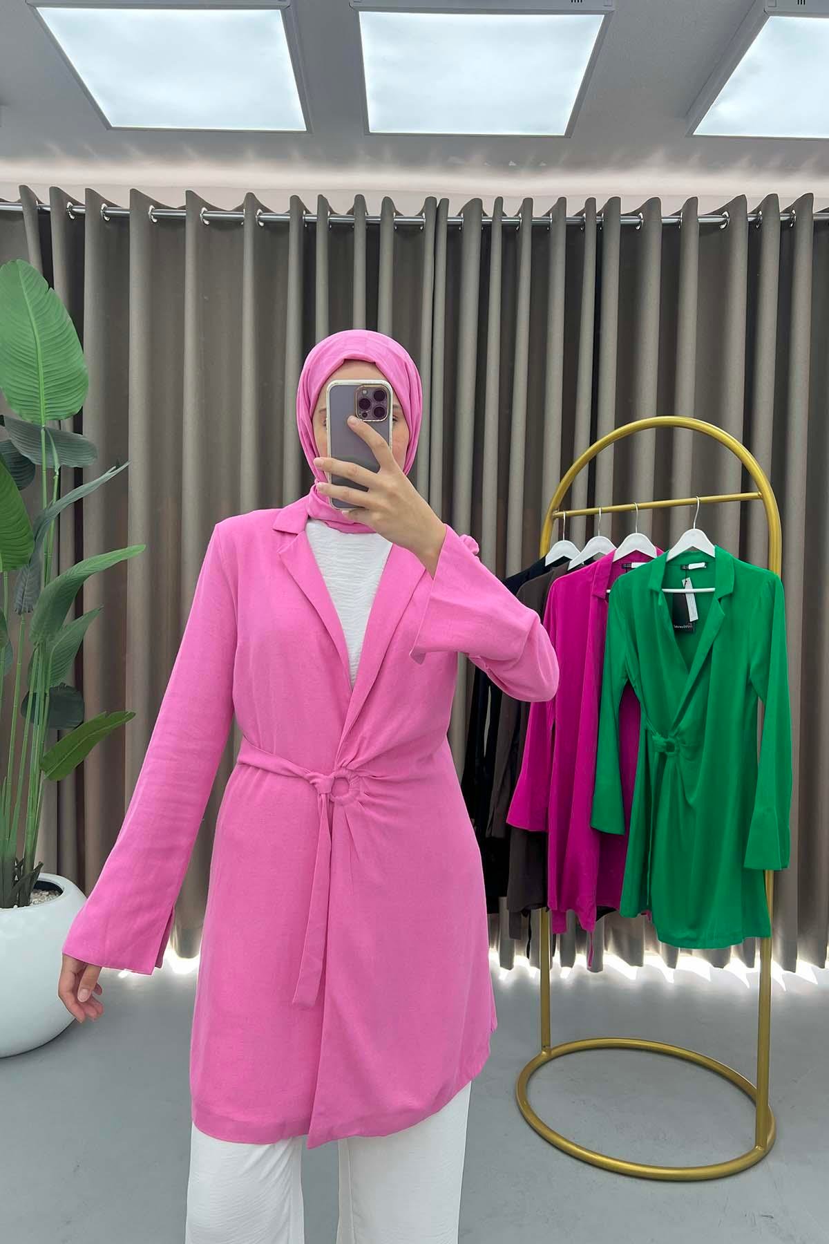 Toka Detaylı Keten Kimono Pembe