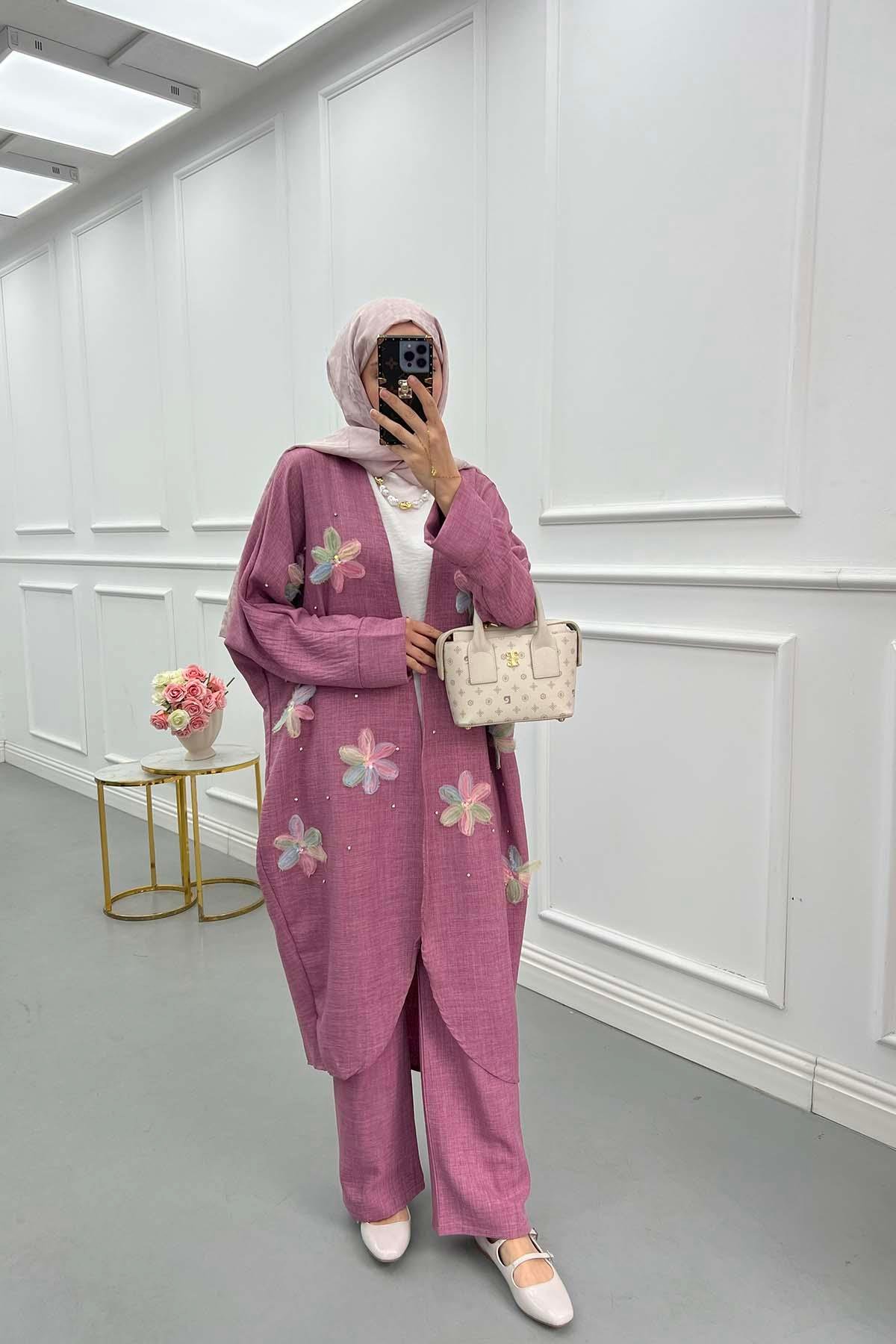 Tül Çiçekli Kimono Üçlü Takım Gül Kurusu