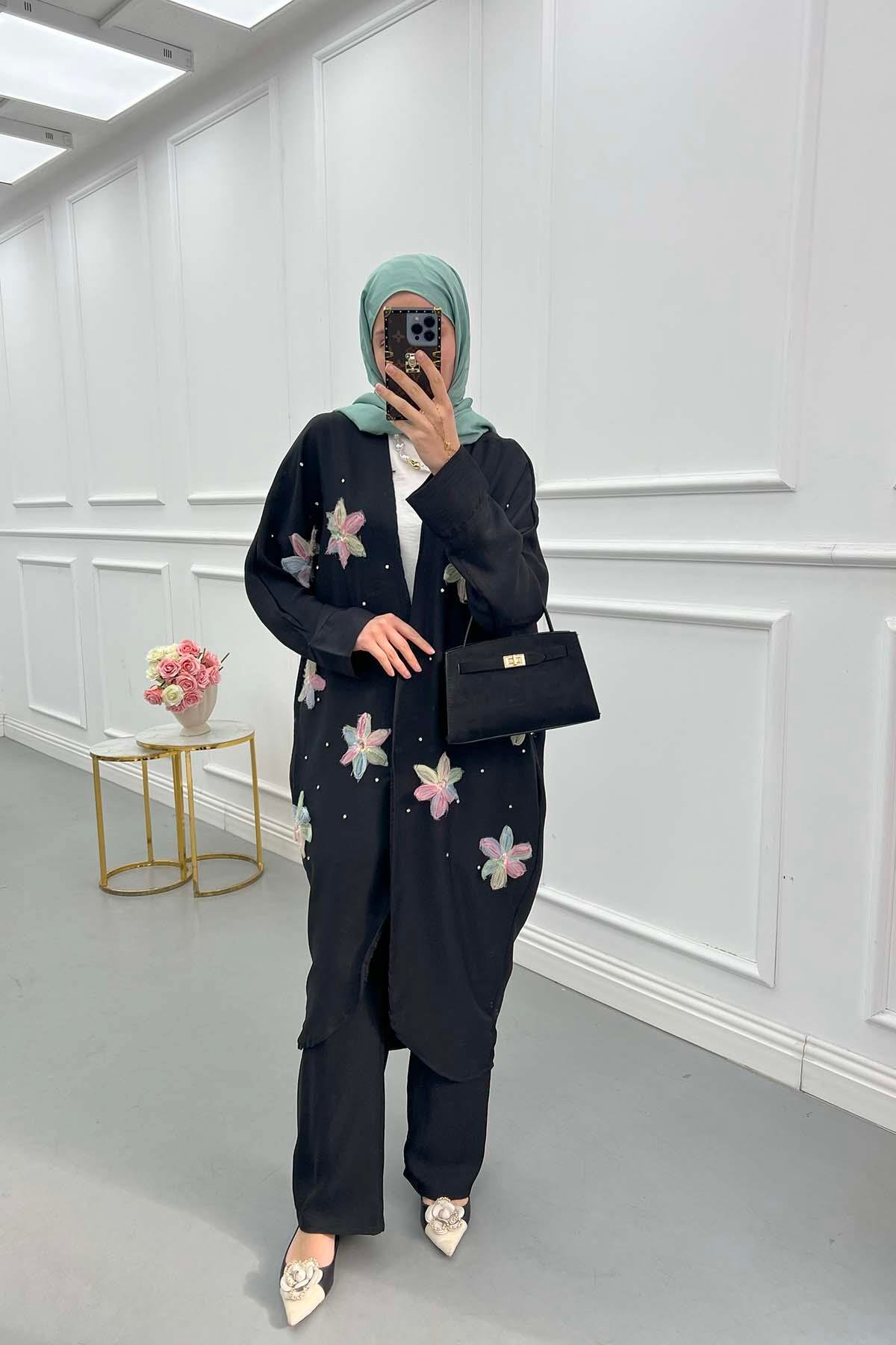 Tül Çiçekli Kimono Üçlü Takım Siyah