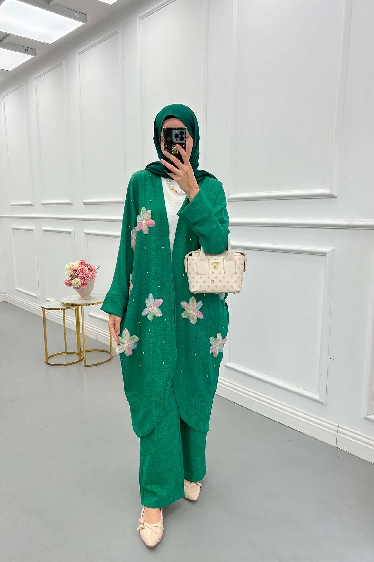 Tül Çiçekli Kimono Üçlü Takım Yeşil