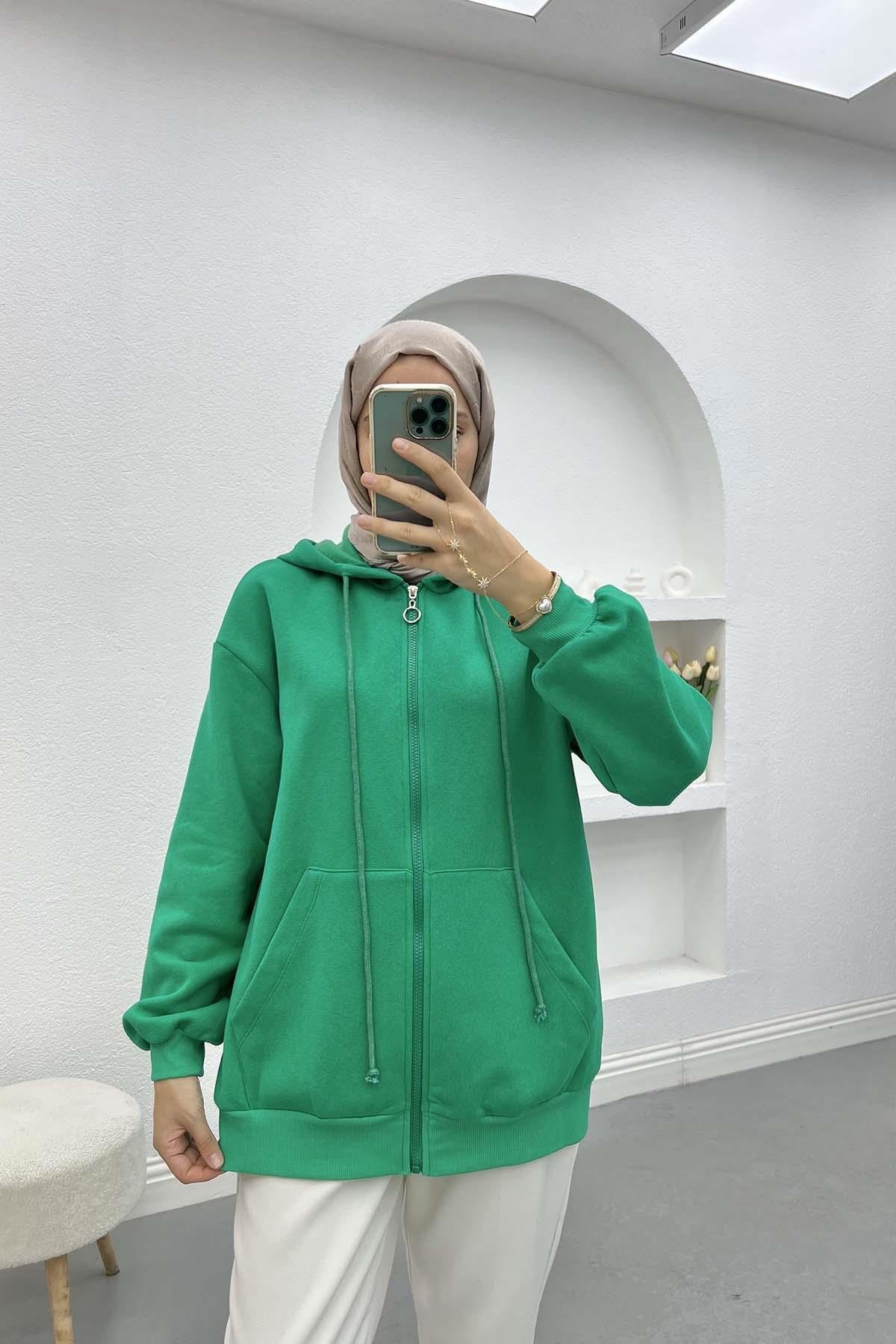 Üç İplik Kapüşonlu Sweatshirt Benetton Yeşil