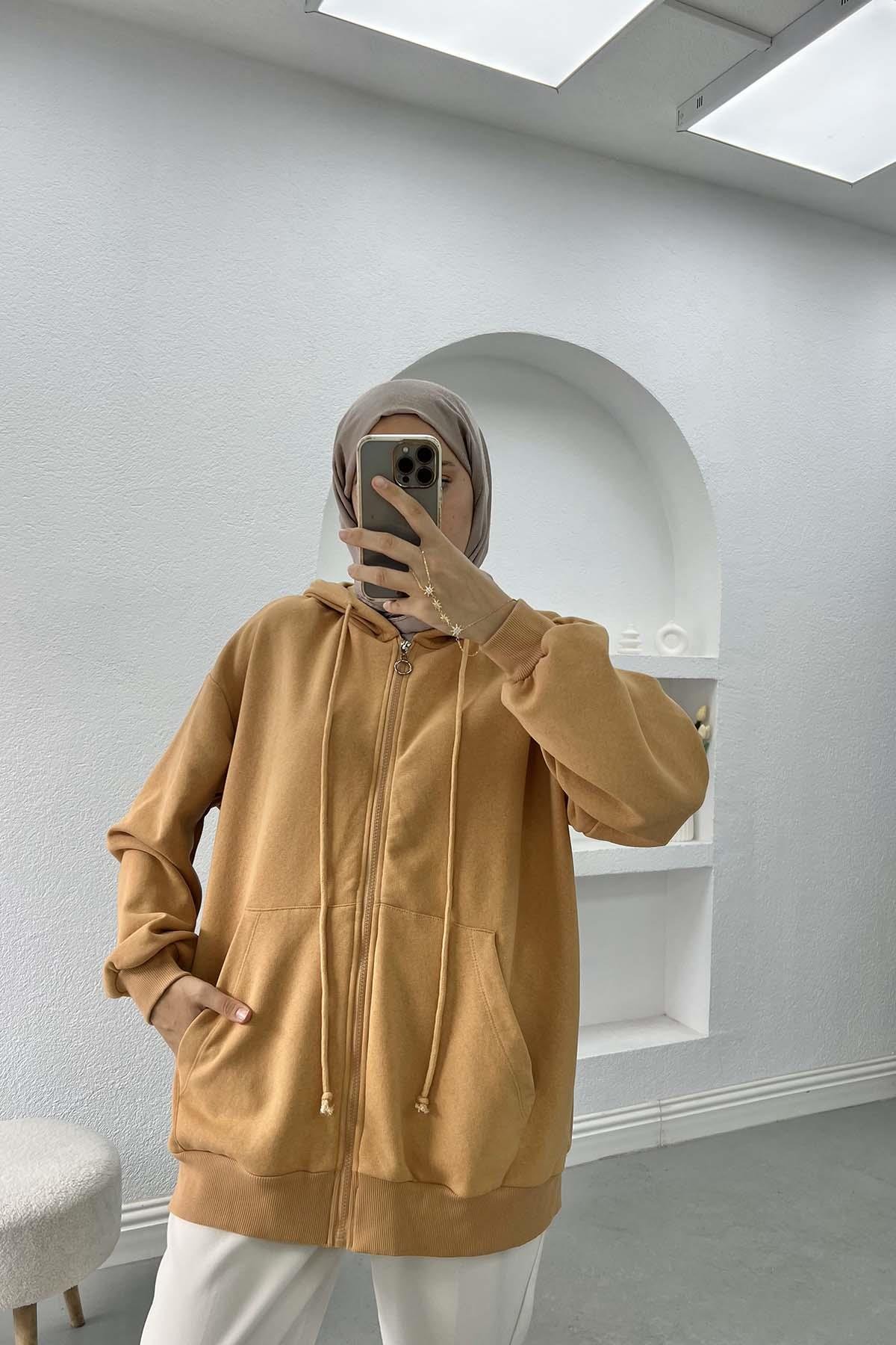 Üç İplik Kapüşonlu Sweatshirt LATTE