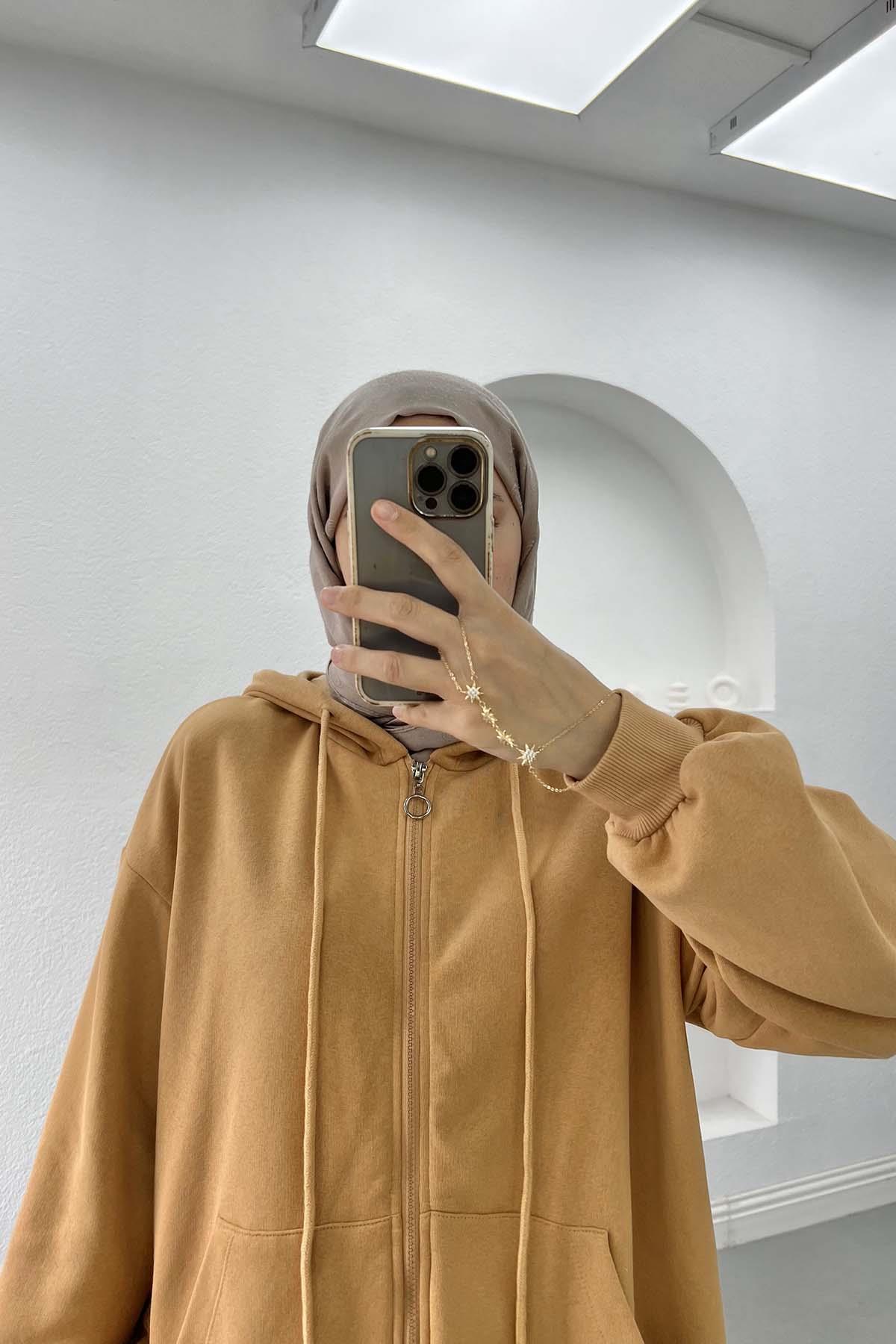 Üç İplik Kapüşonlu Sweatshirt LATTE