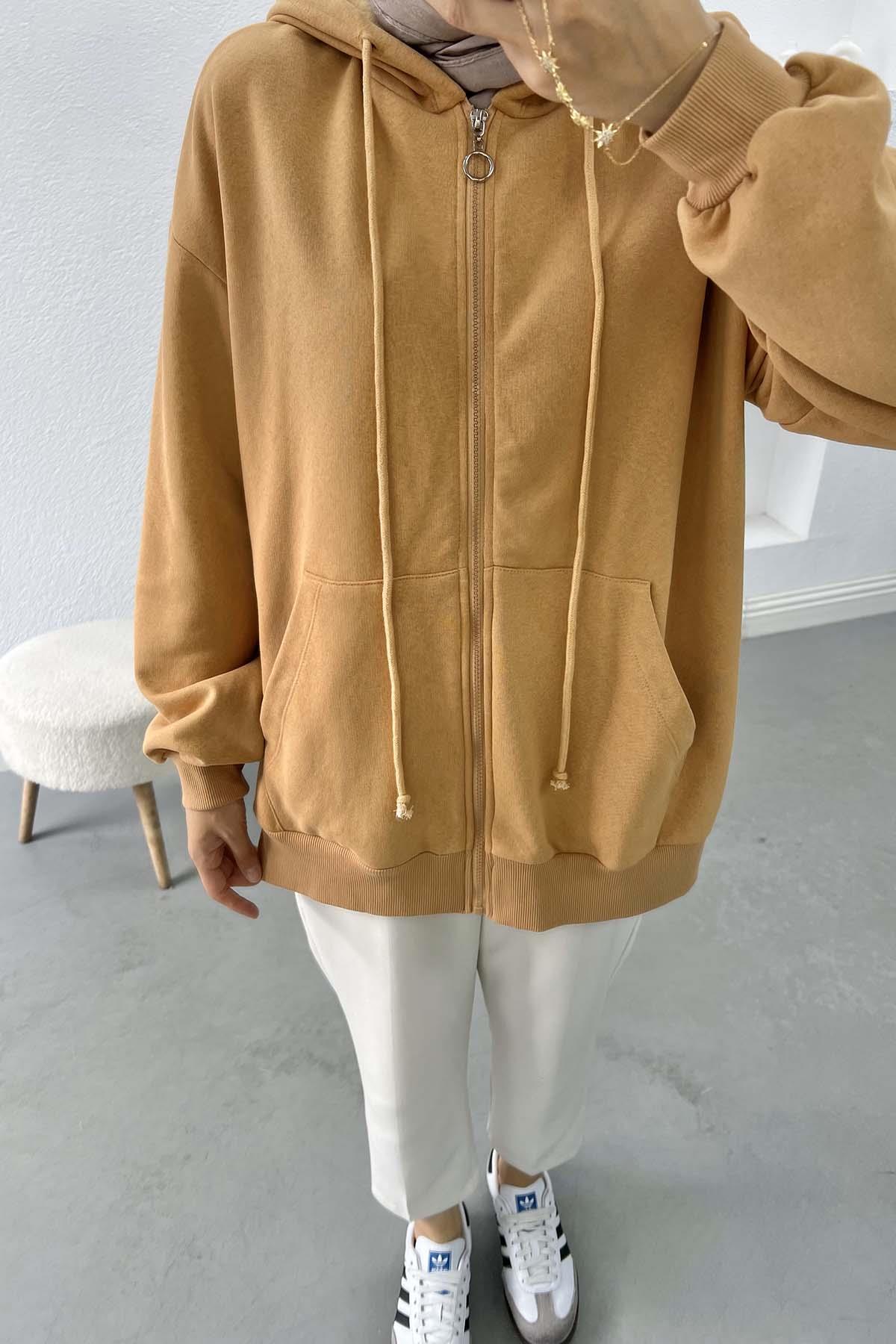 Üç İplik Kapüşonlu Sweatshirt LATTE