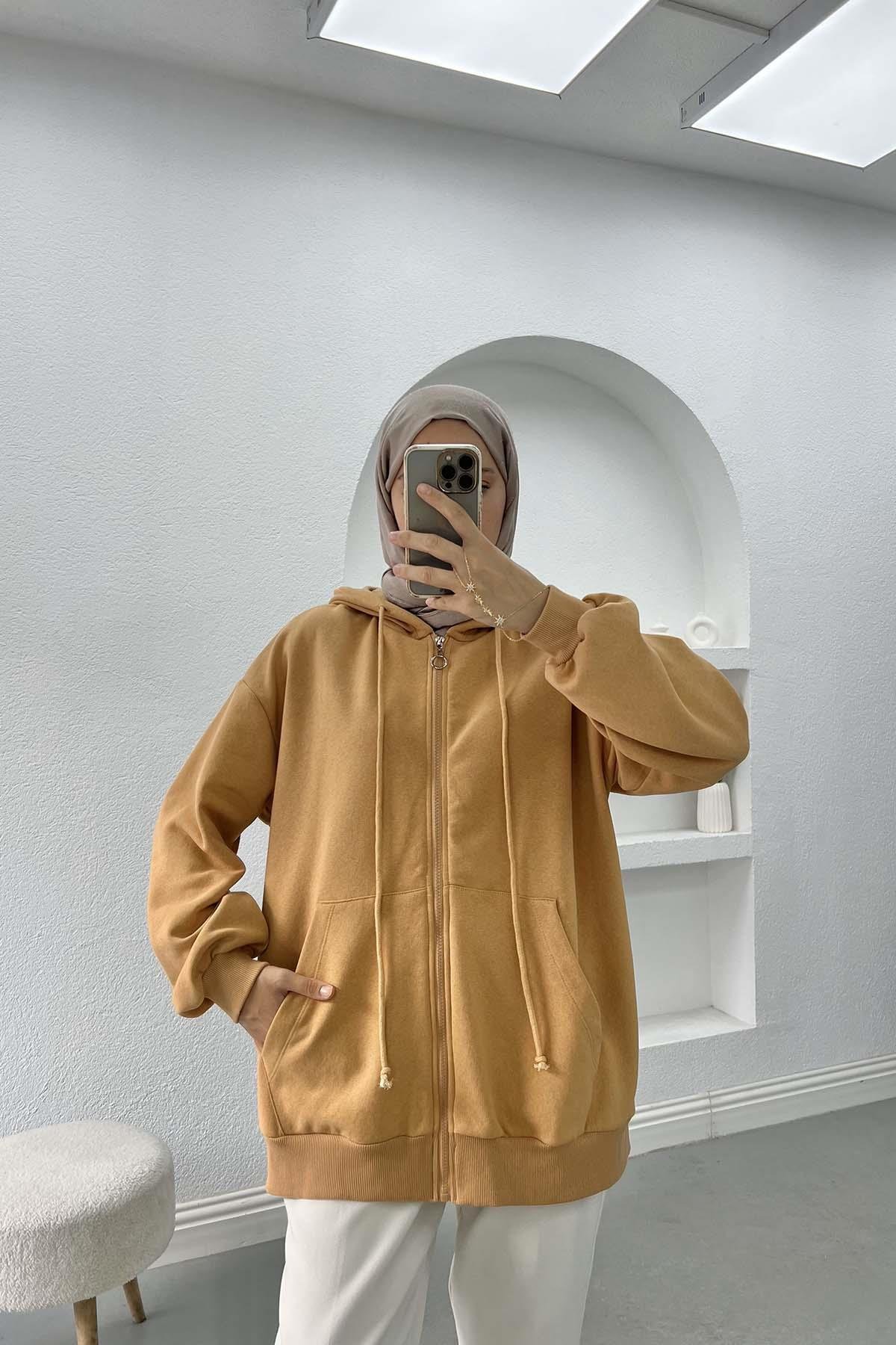 Üç İplik Kapüşonlu Sweatshirt LATTE