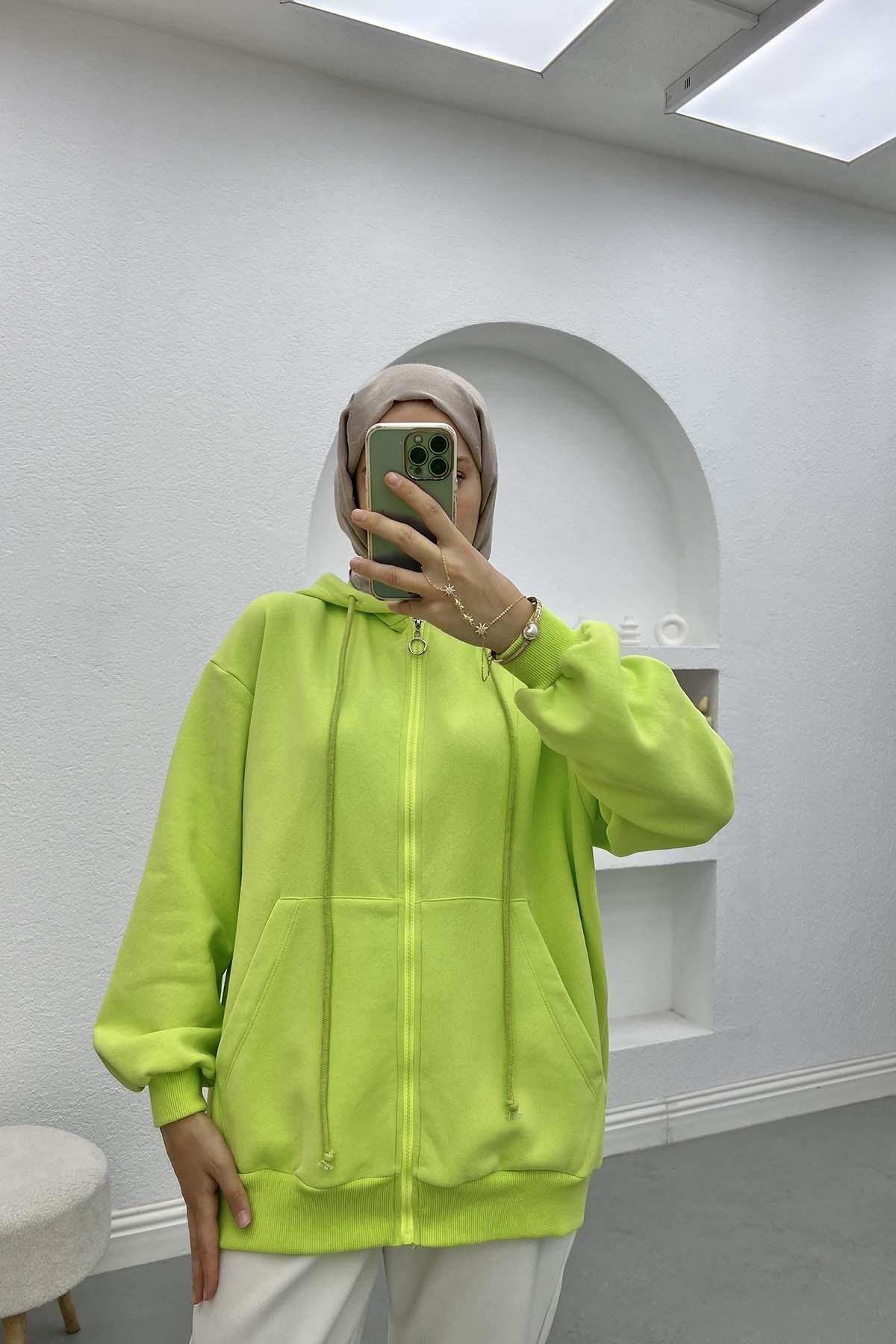 Üç İplik Kapüşonlu Sweatshirt Neon Yeşil