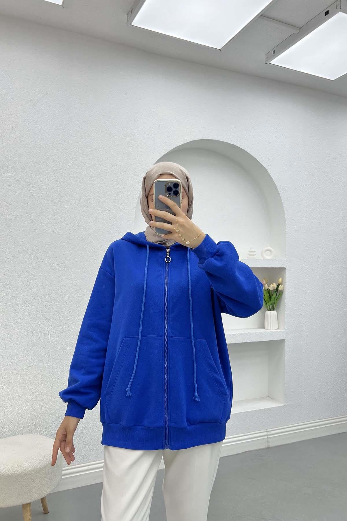 Üç İplik Kapüşonlu Sweatshirt Saks Mavi