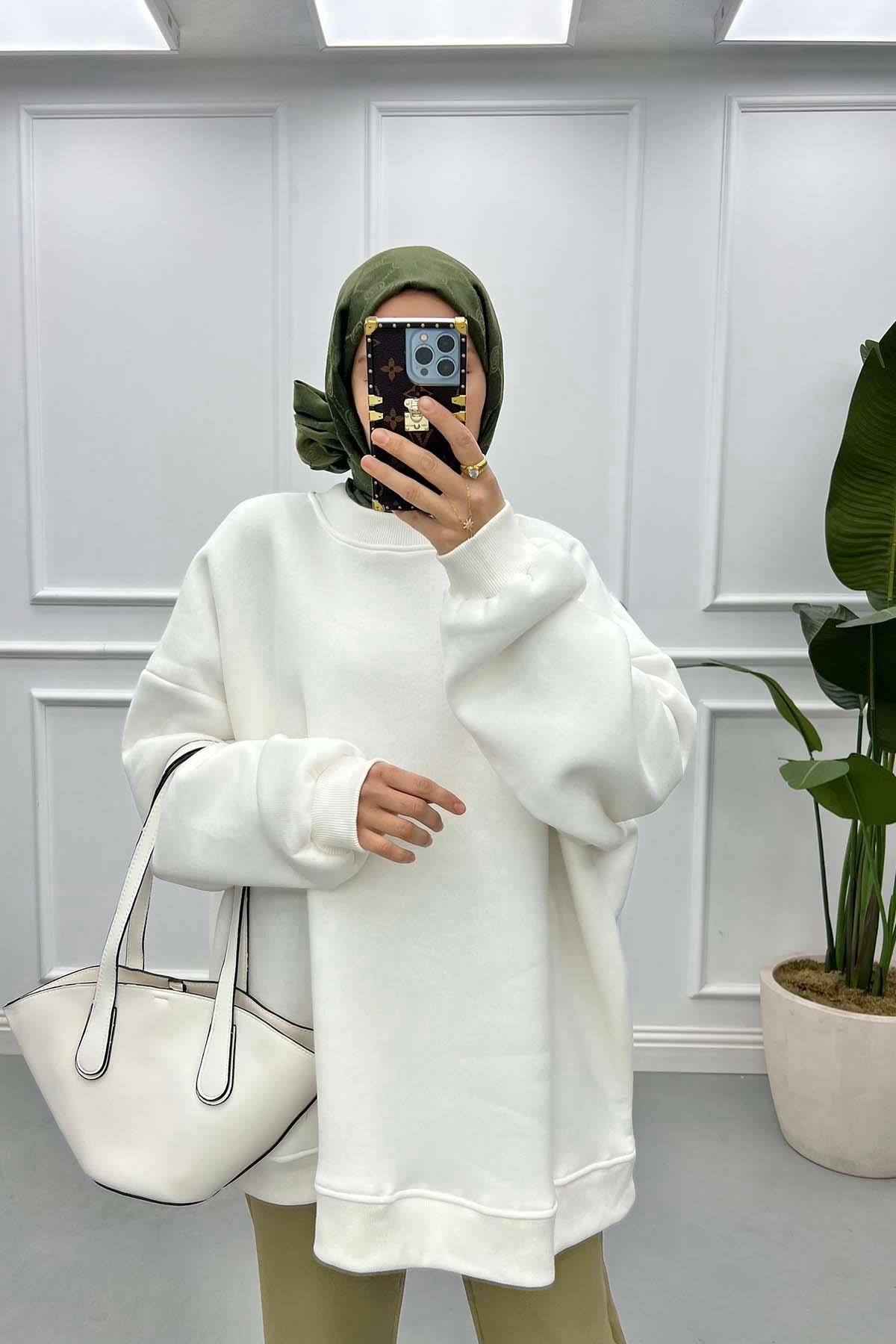 Üç İplik Oversize Sweatshirt Beyaz