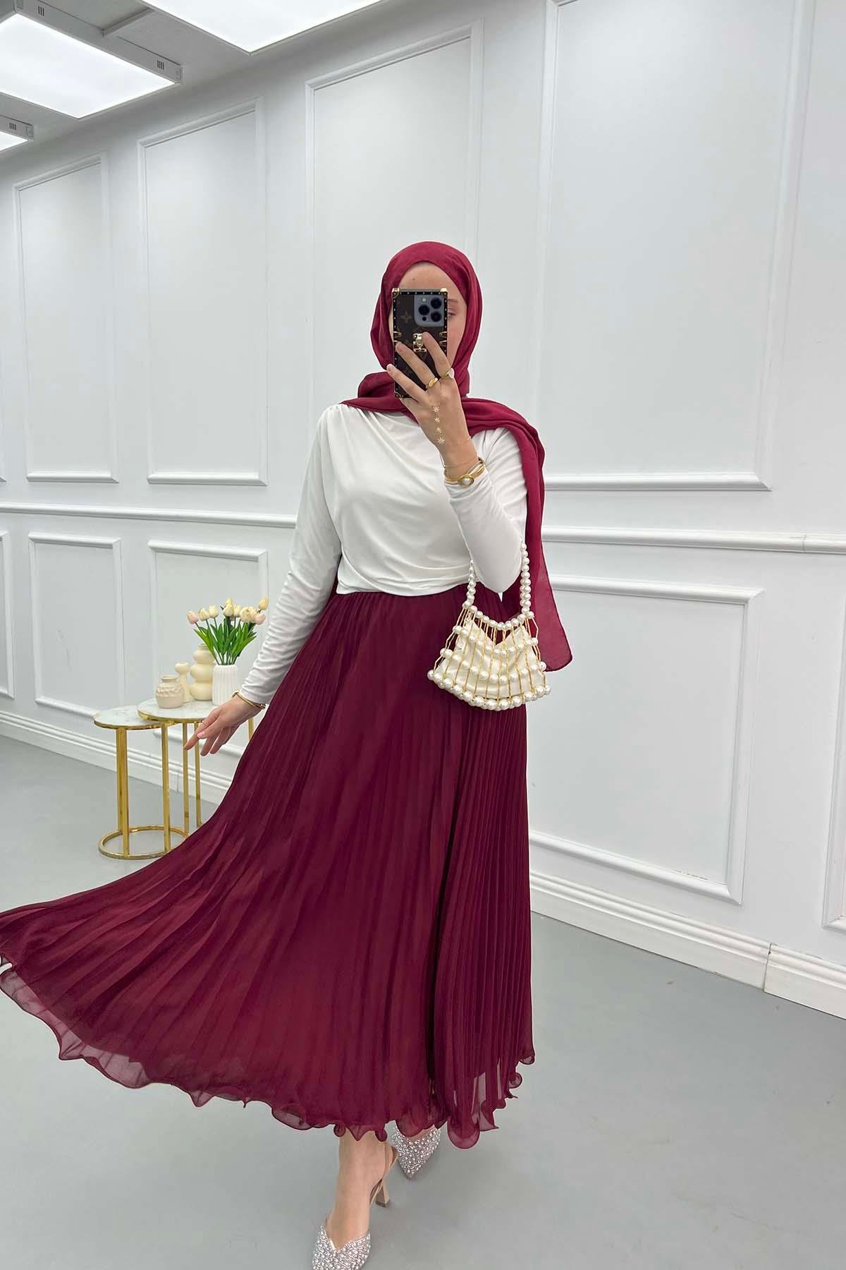 Volanlı Piliseli Etek Bordo