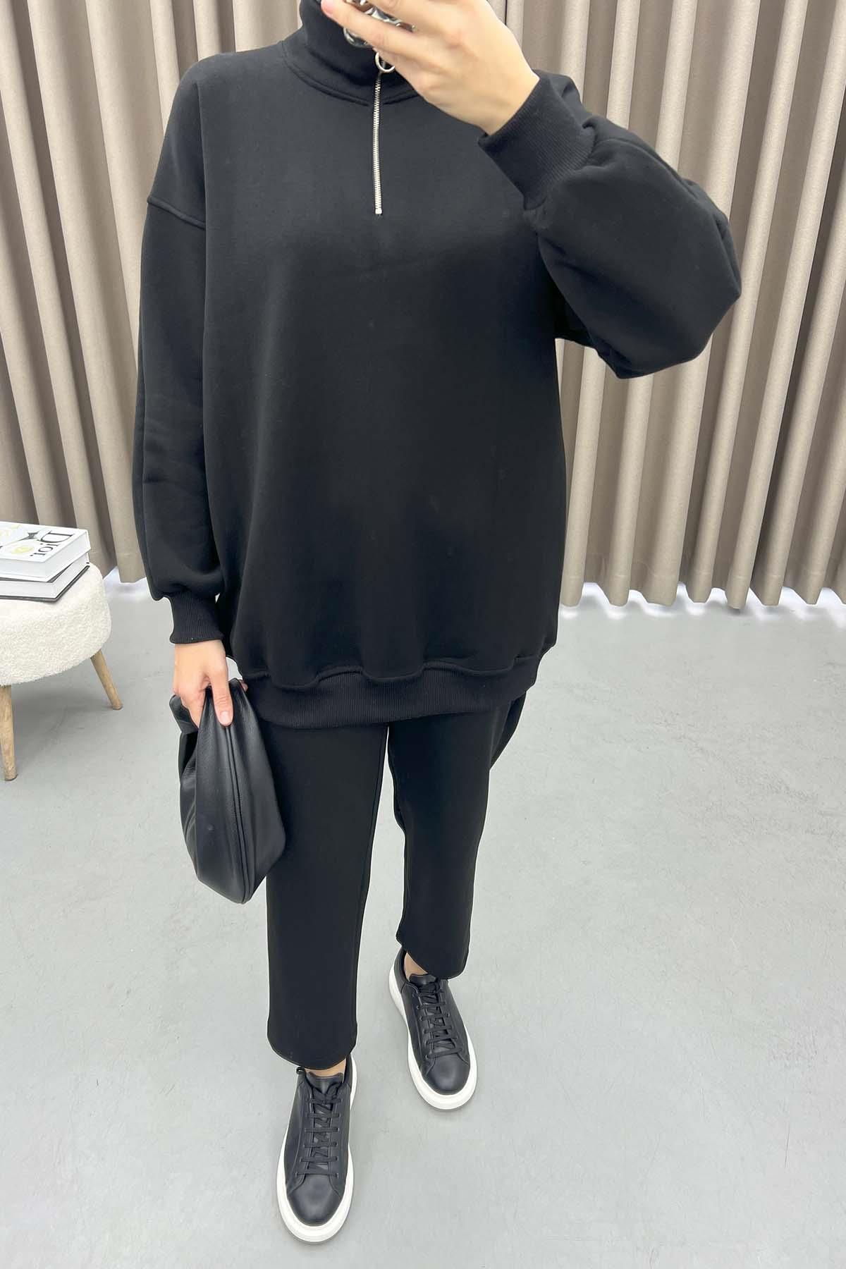 Yaka Fermuarlı Sweatshirt Siyah