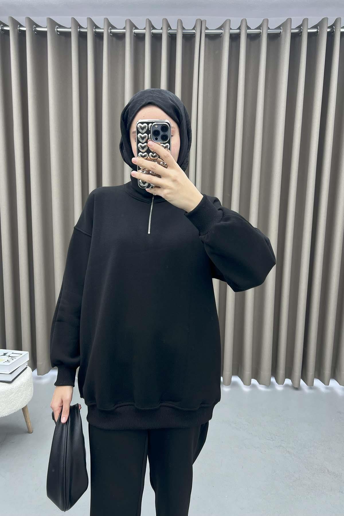 Yaka Fermuarlı Sweatshirt Siyah