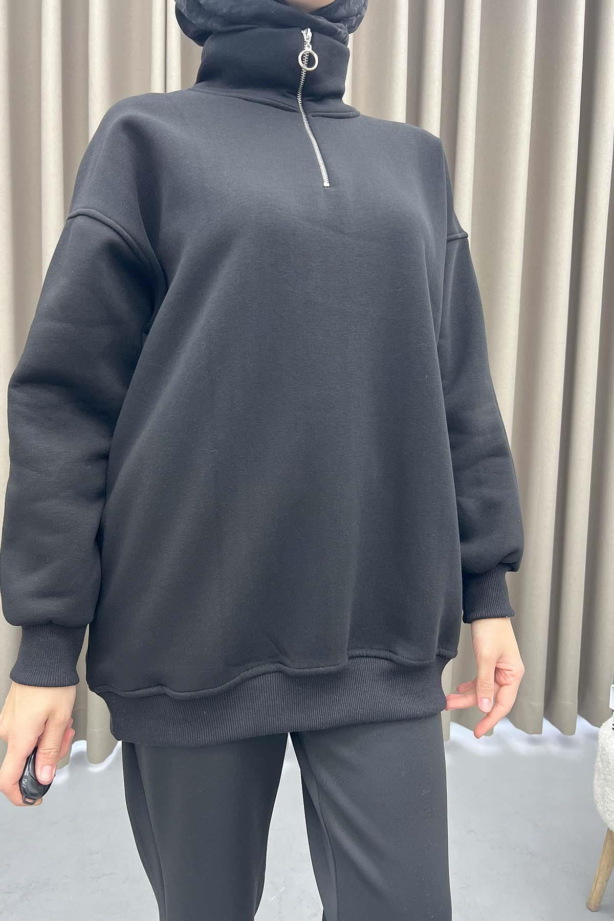 Yaka Fermuarlı Sweatshirt Siyah