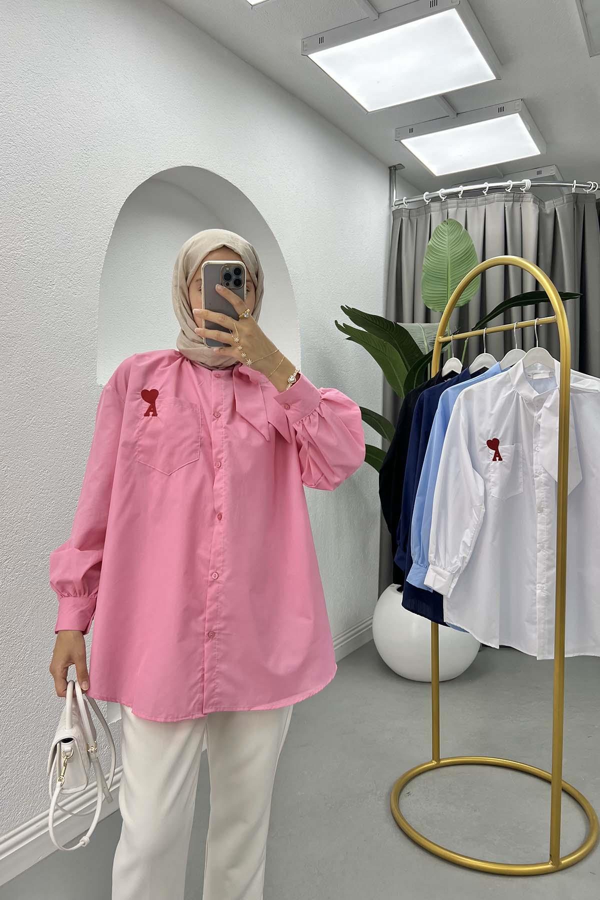 Yaka Fiyonklu Gömlek Pembe