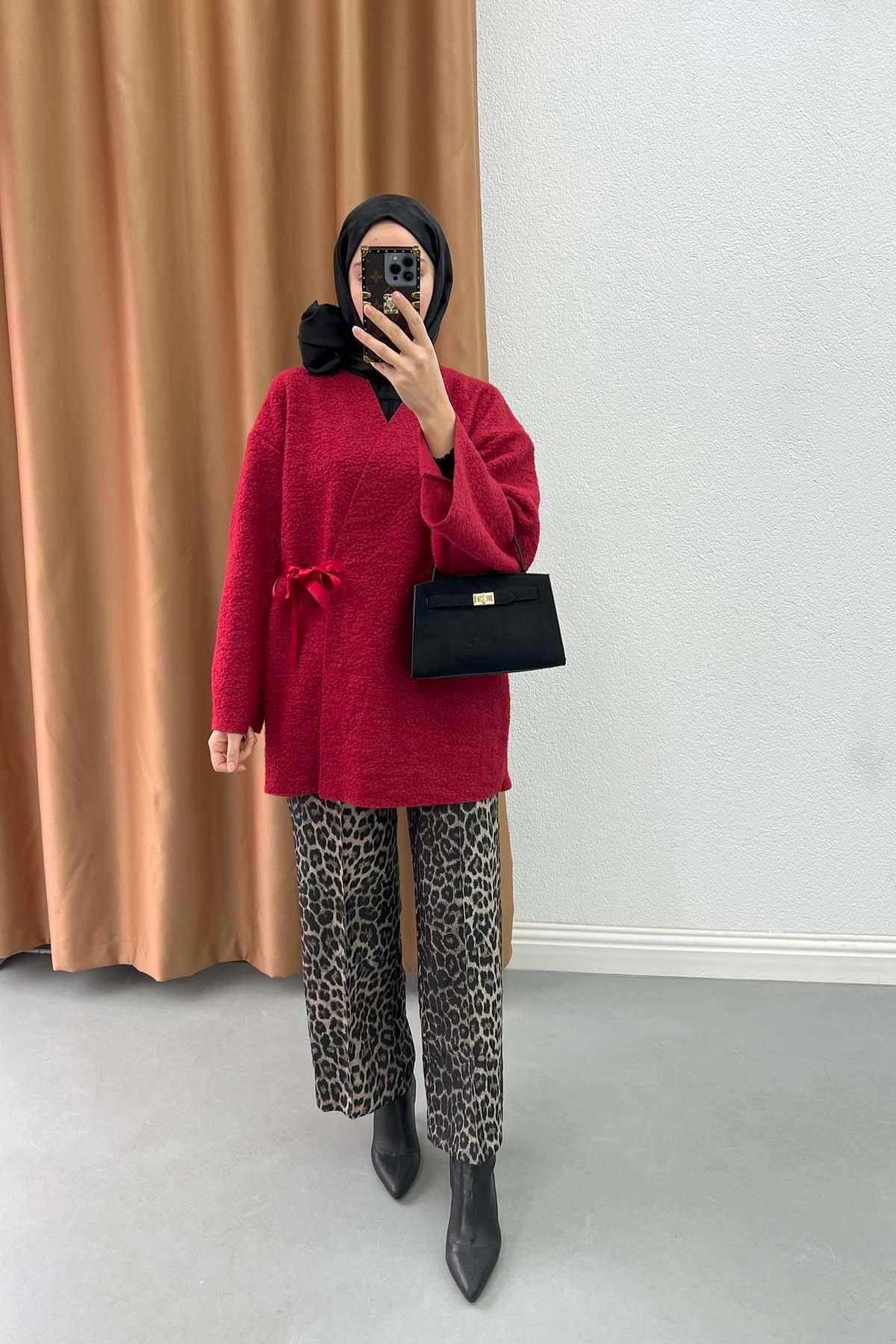Yan Kurdeleli Buklet Kimono Bordo