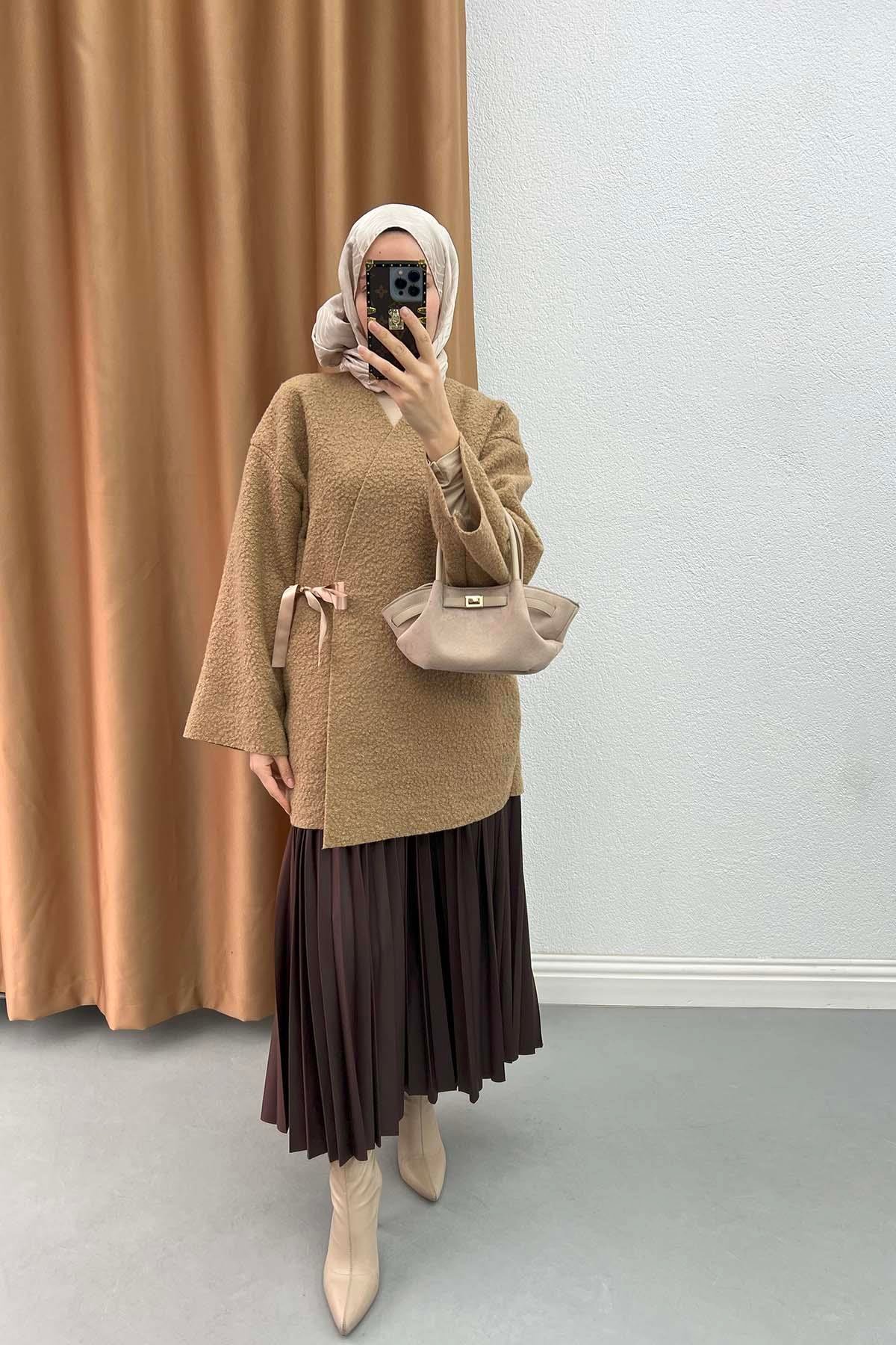 Yan Kurdeleli Buklet Kimono Sütlü Kahve
