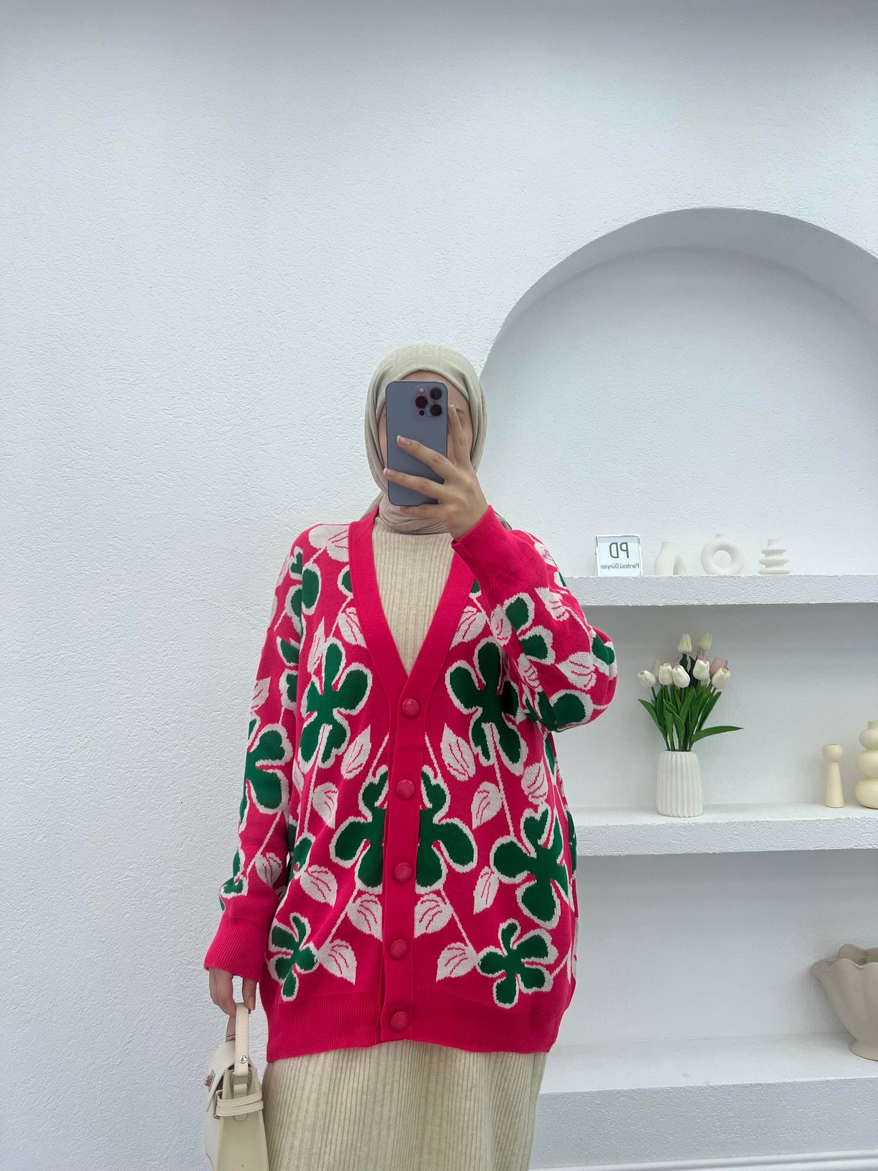 Yaprak Desenli Triko Hırka Pembe