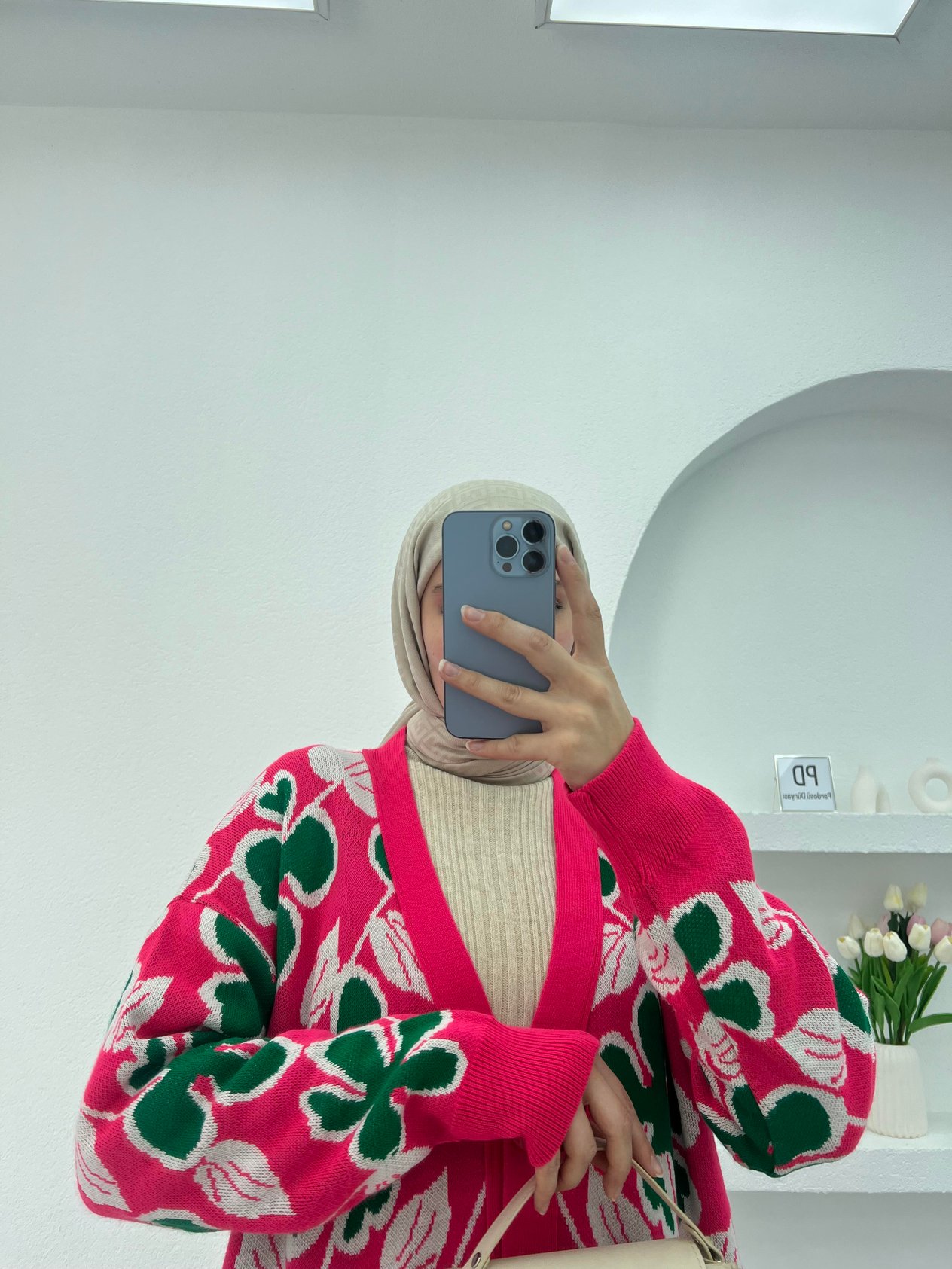 Yaprak Desenli Triko Hırka Pembe