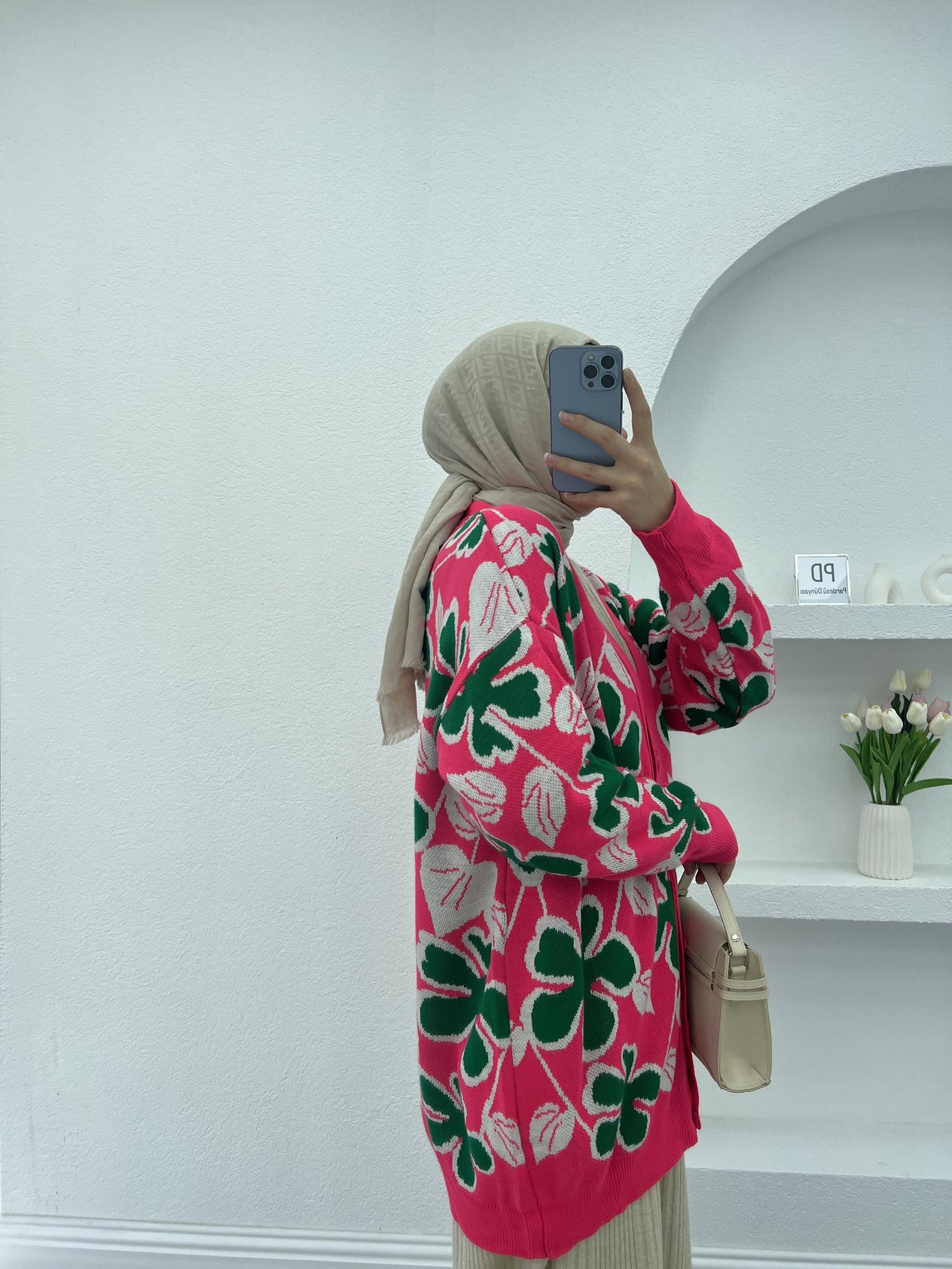 Yaprak Desenli Triko Hırka Pembe