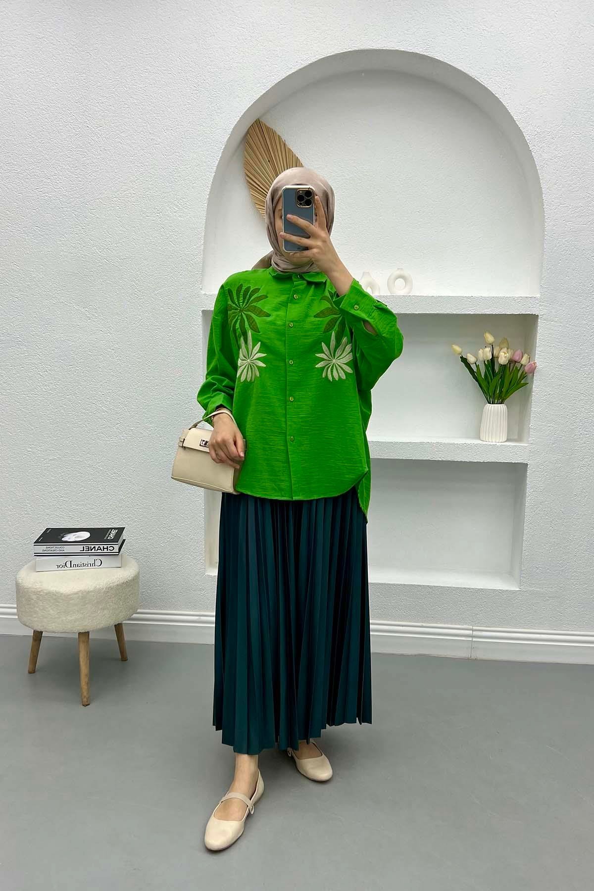 Yaprak Nakışlı Oversize Gömlek Yeşil