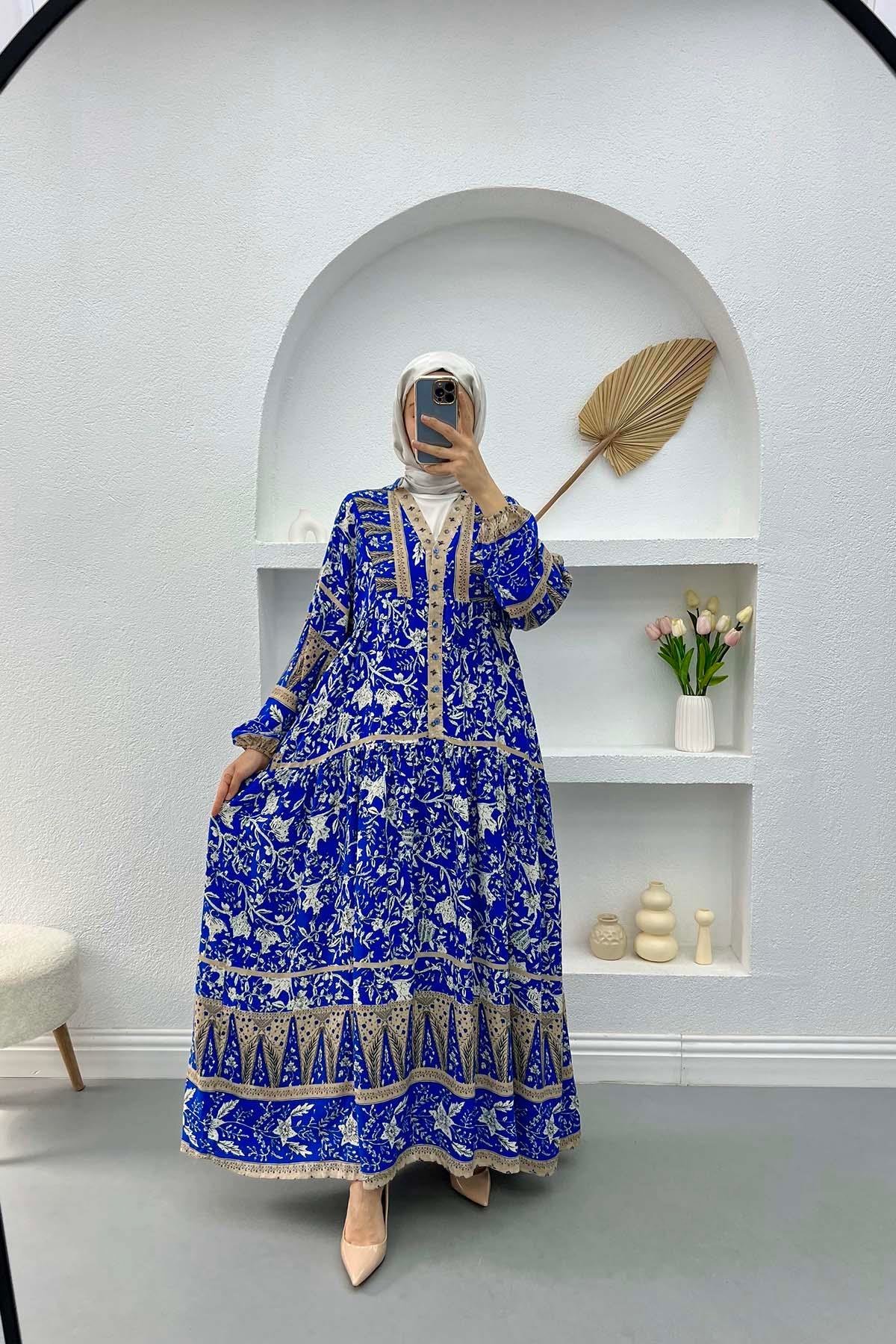 Yarım Düğmeli Desenli Elbise Mavi