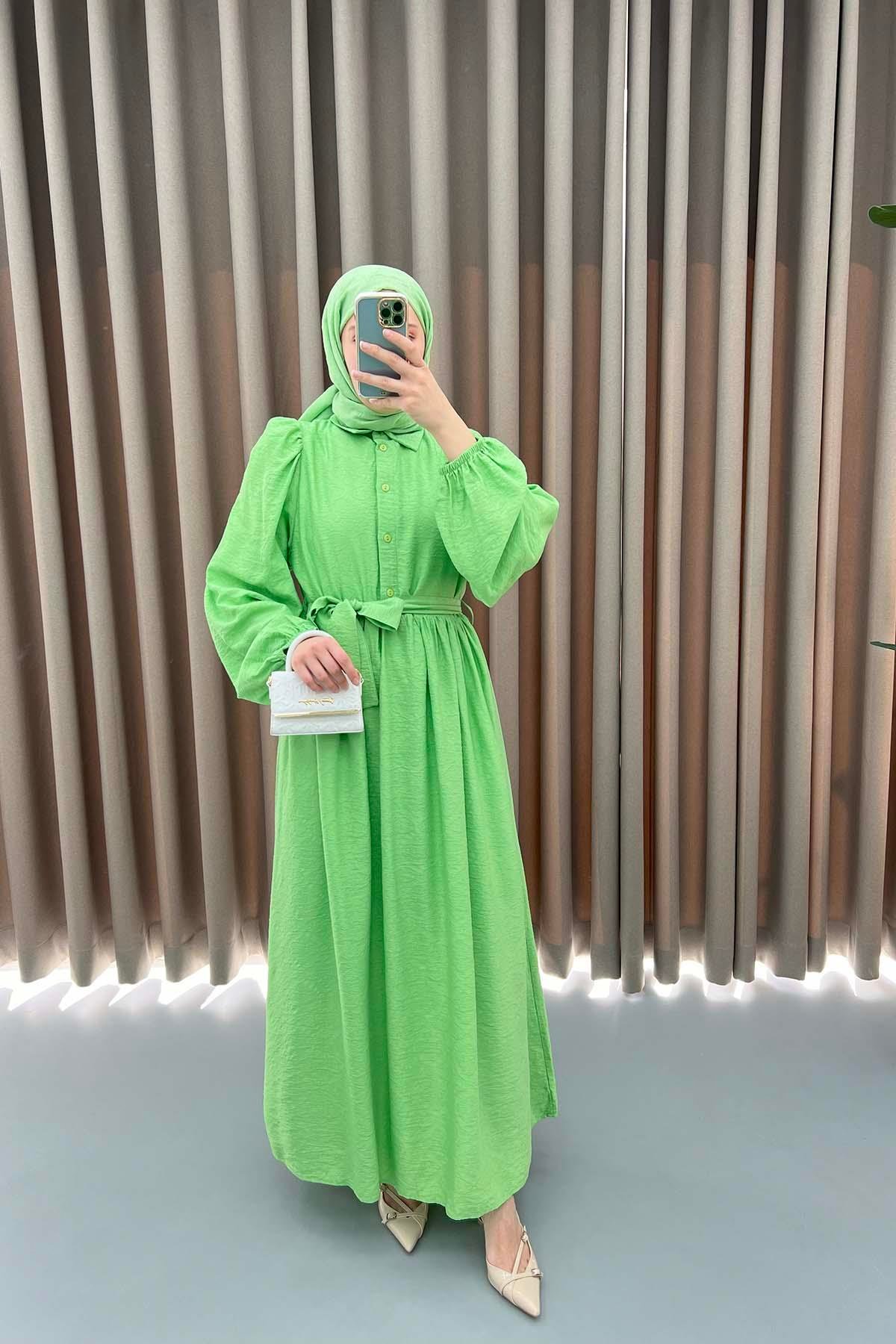 Yarım Düğmeli Dokulu Elbise Yeşil