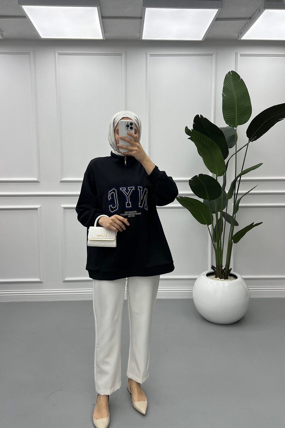 Yarım Fermuarlı Sweatshirt Siyah