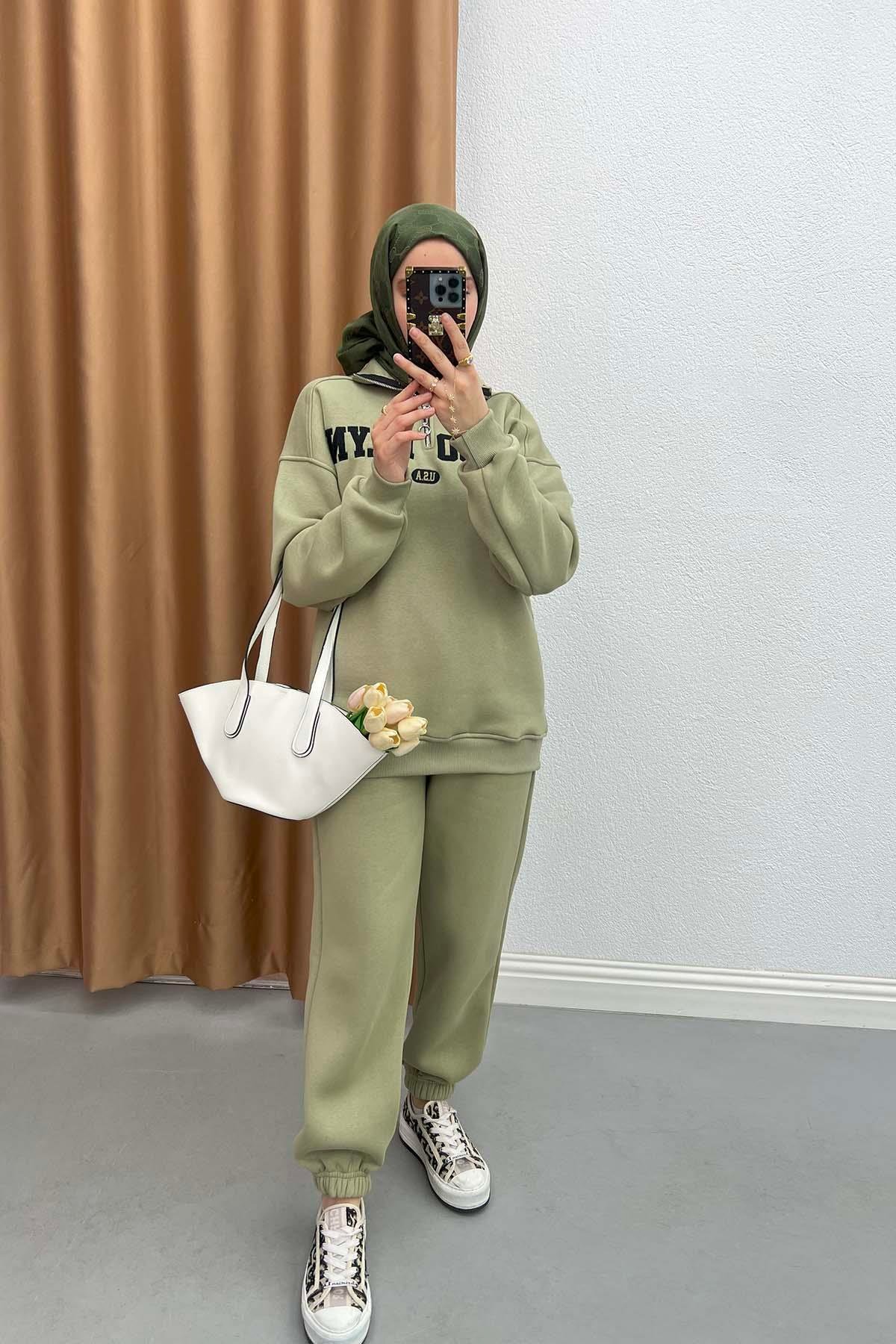 Yazılı Üç İpik Takım Soft Yeşil