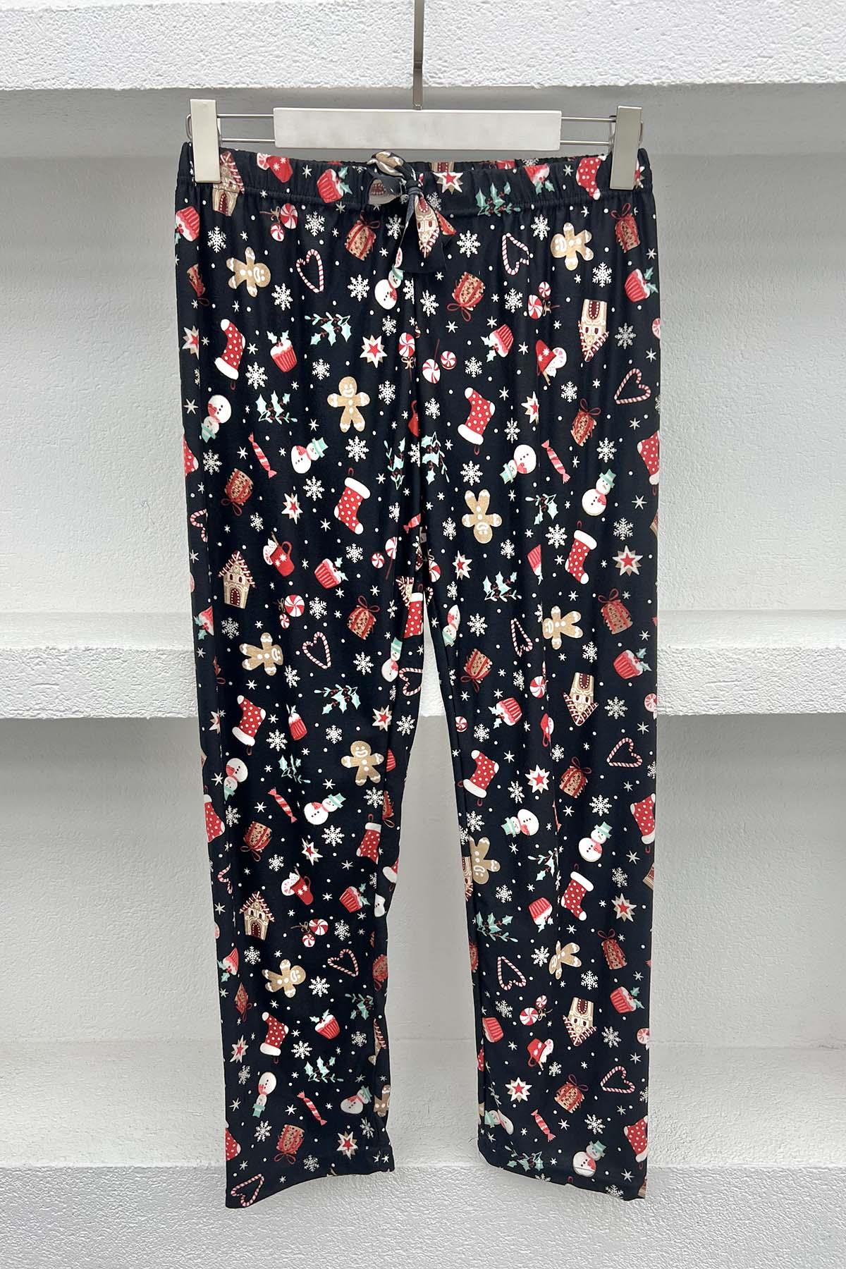Yılbaşı Desenli Pijama Altı Siyah
