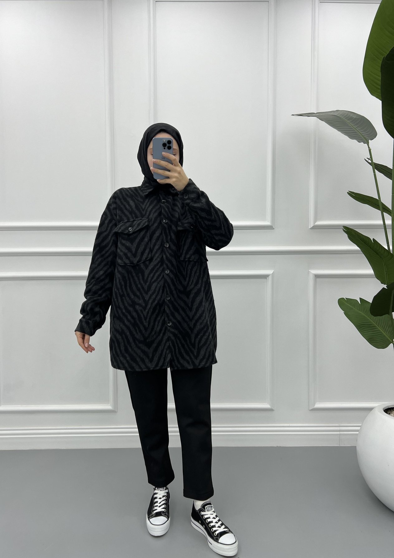 Zebra Desen Kaşe Gömlek Siyah