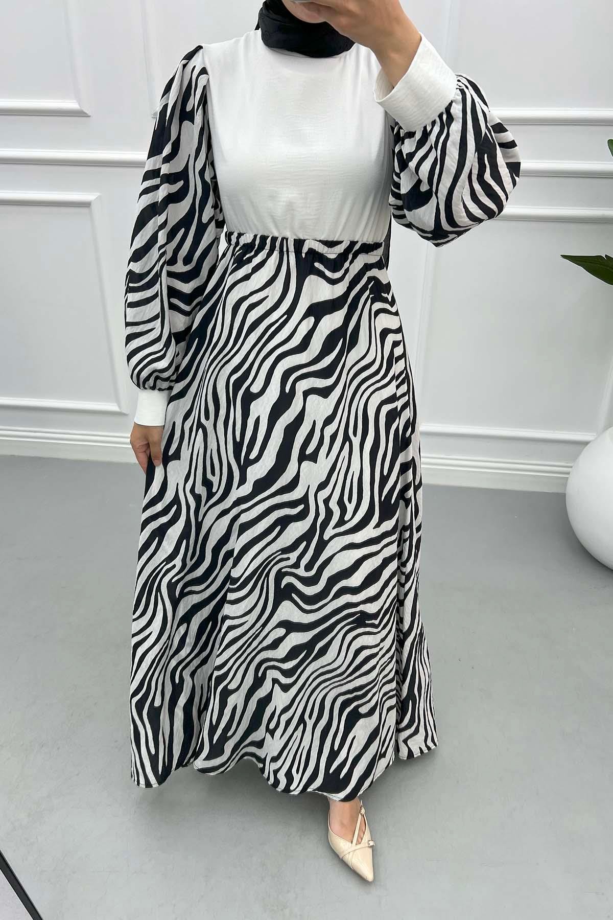 Zebra Desenli Elbise Siyah