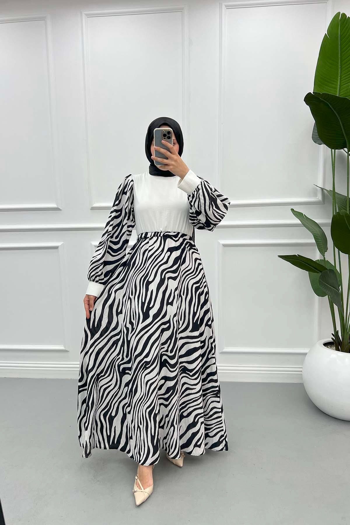 Zebra Desenli Elbise Siyah