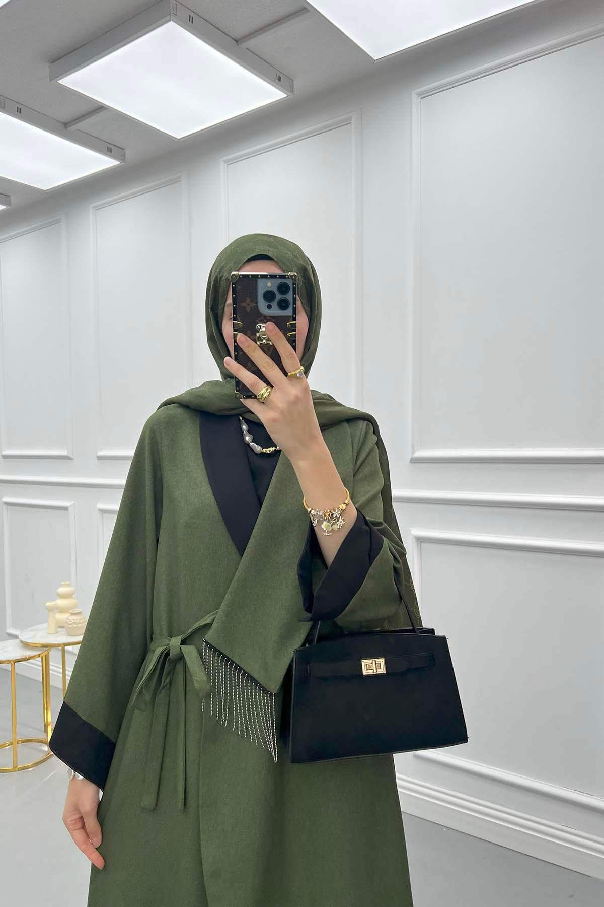 Zincirli Renk Bloklu Abaya Haki