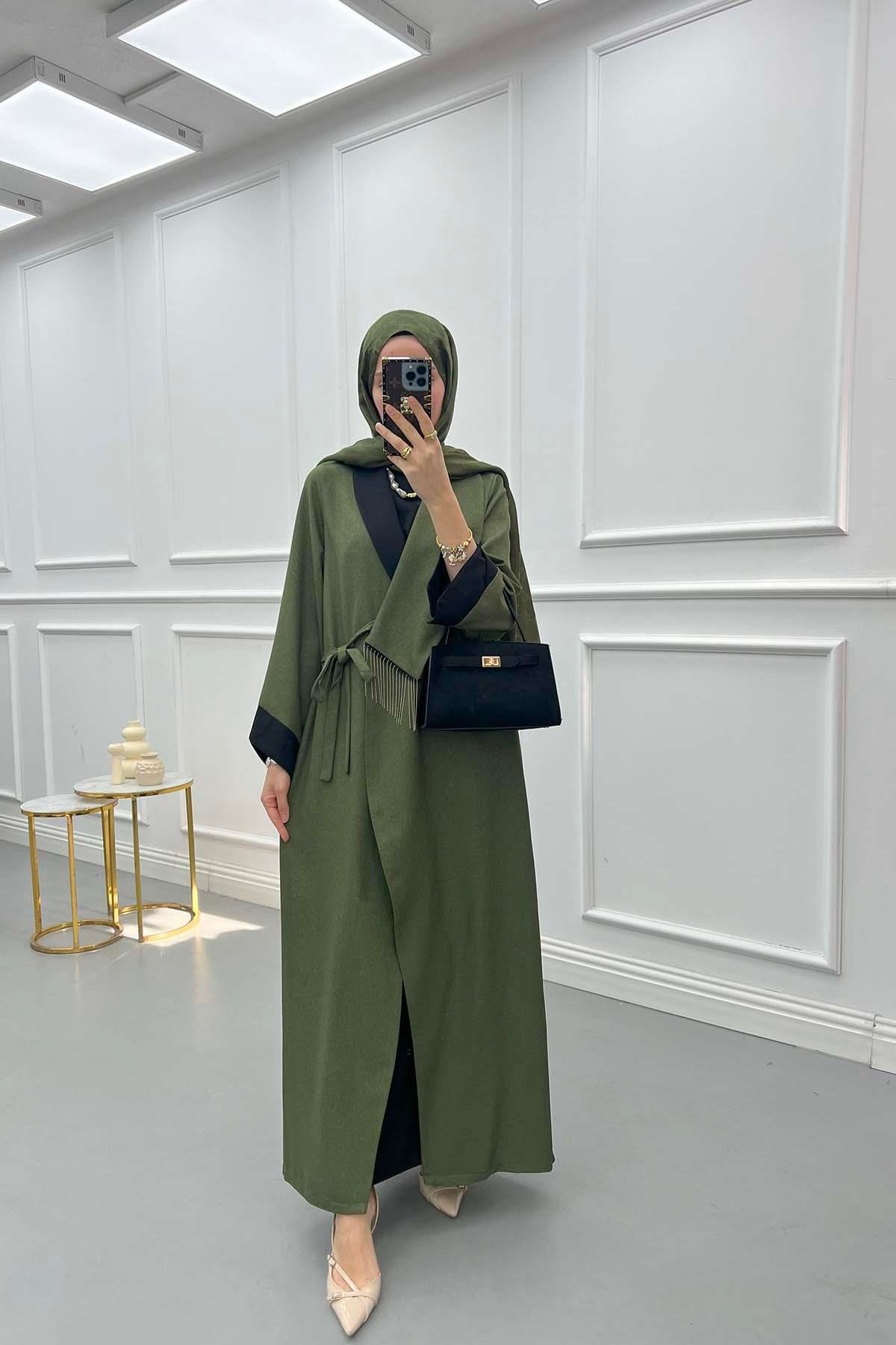 Zincirli Renk Bloklu Abaya Haki